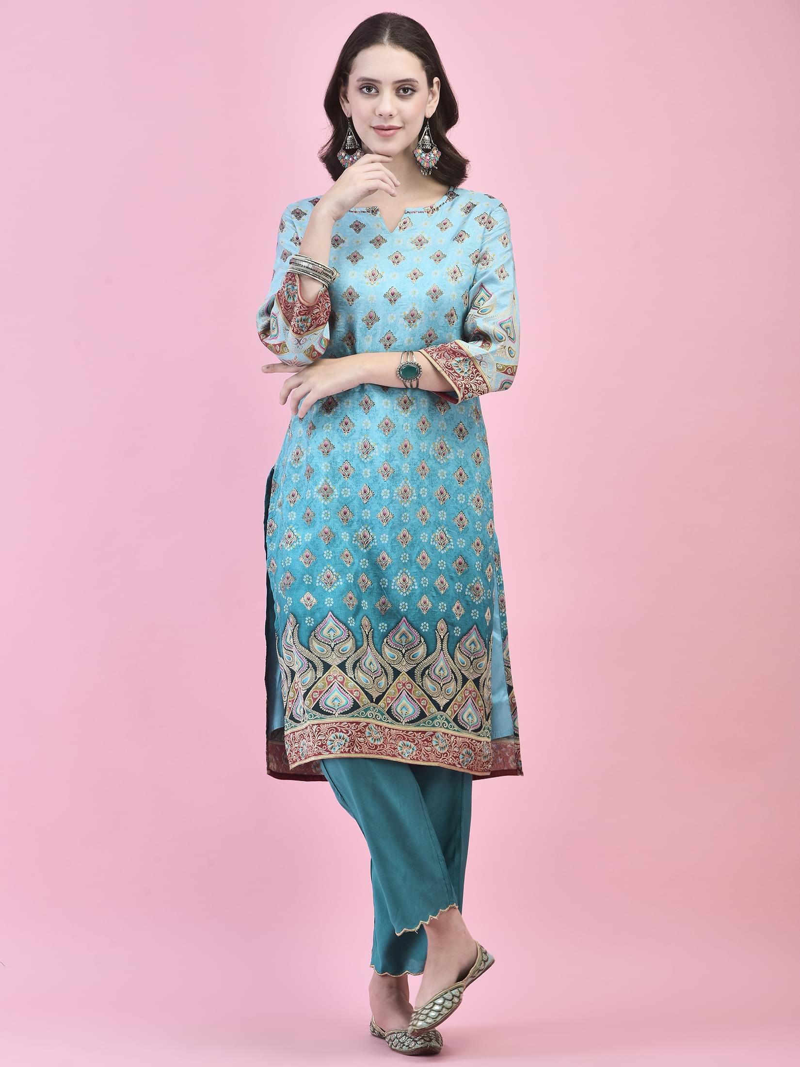 Women Jacquard Blue Ornamental Print Kurta Comfort Pant Dupatta.