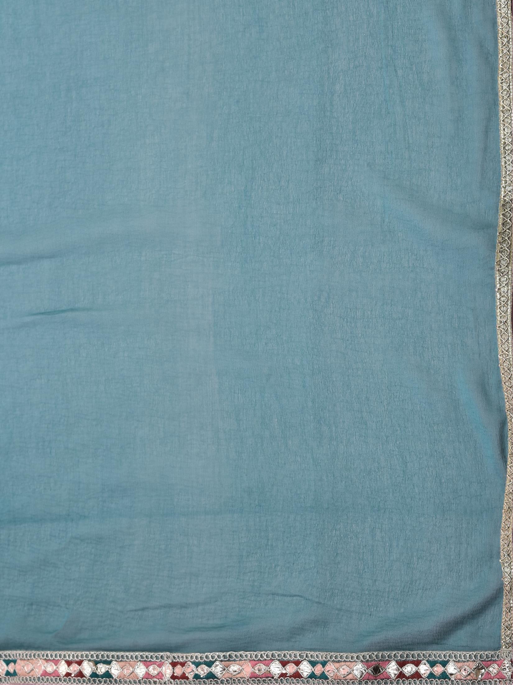 Women Jacquard Blue Ornamental Print Kurta Comfort Pant Dupatta.