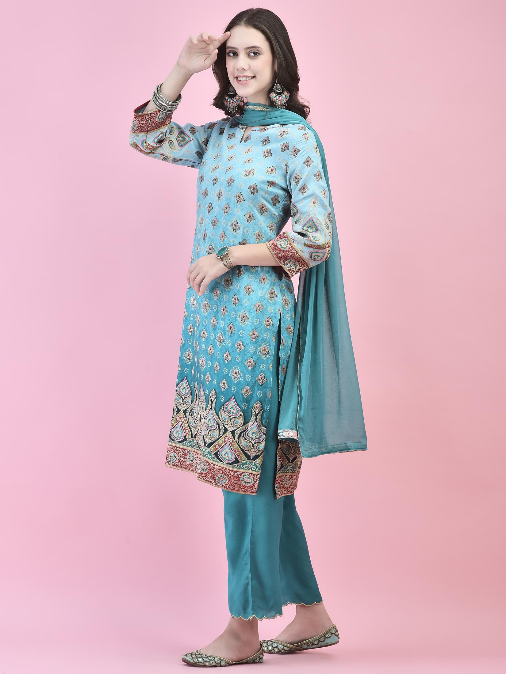Women Jacquard Blue Ornamental Print Kurta Comfort Pant Dupatta.