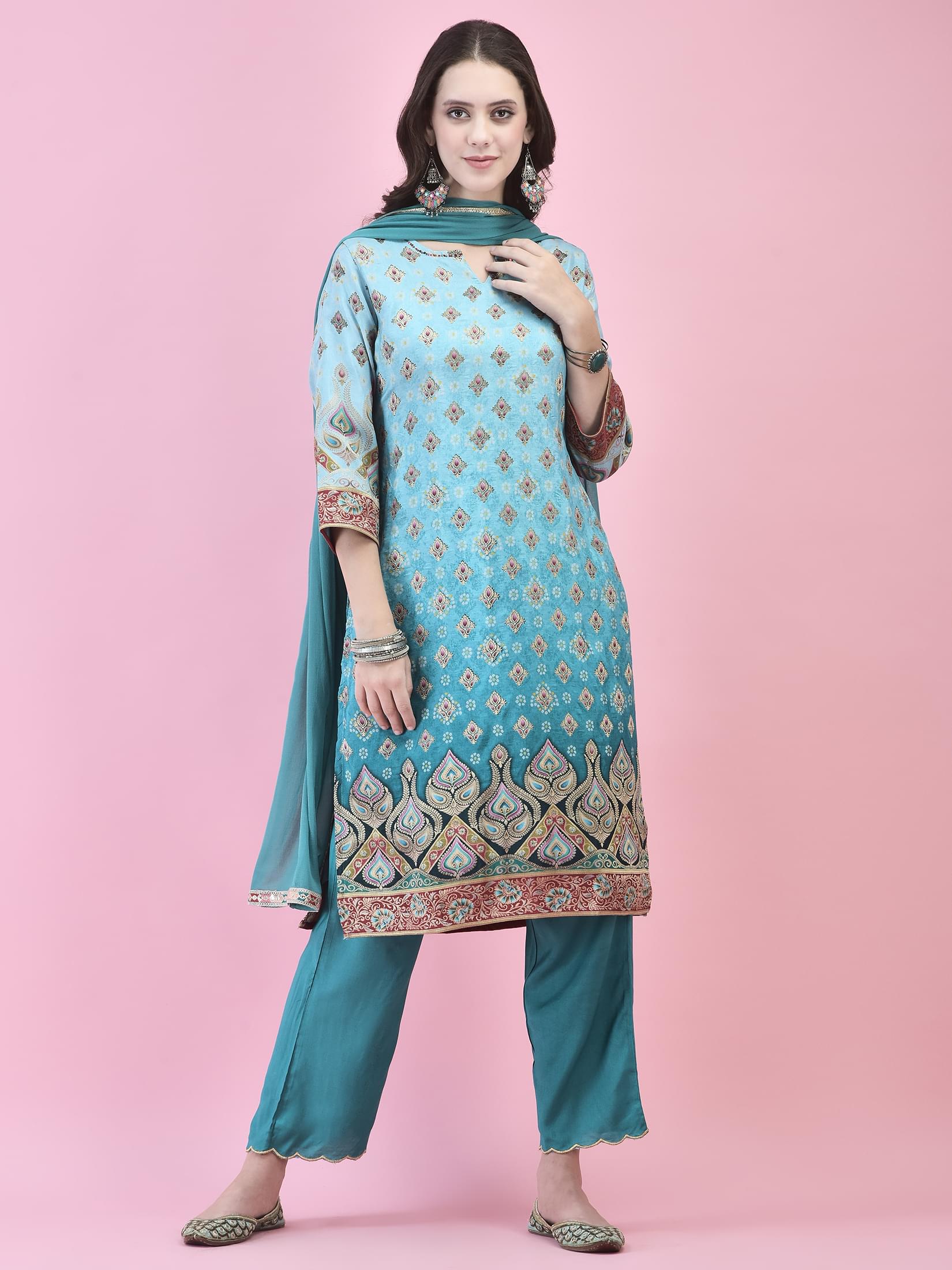 Women Jacquard Blue Ornamental Print Kurta Comfort Pant Dupatta.