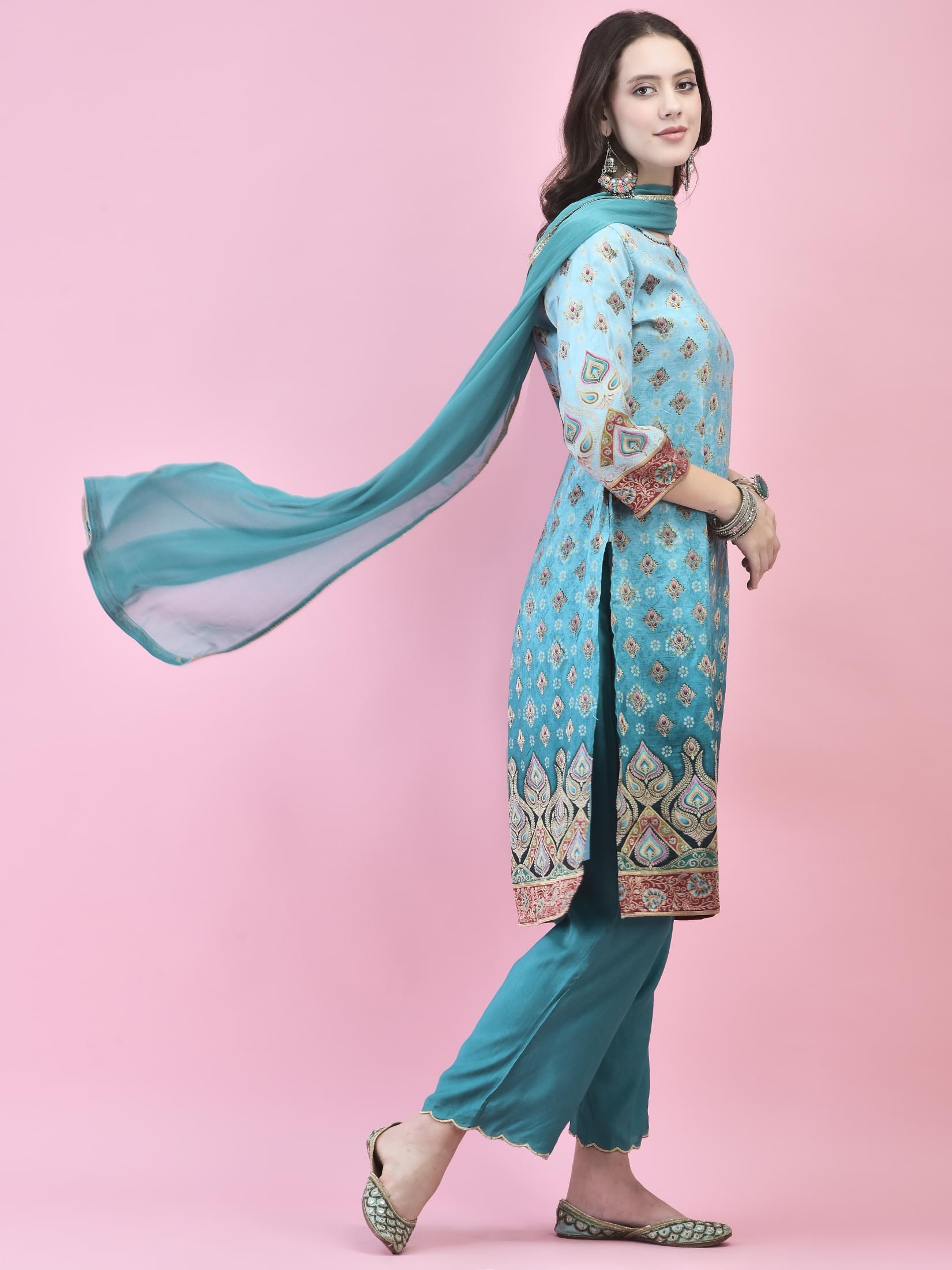 Women Jacquard Blue Ornamental Print Kurta Comfort Pant Dupatta.