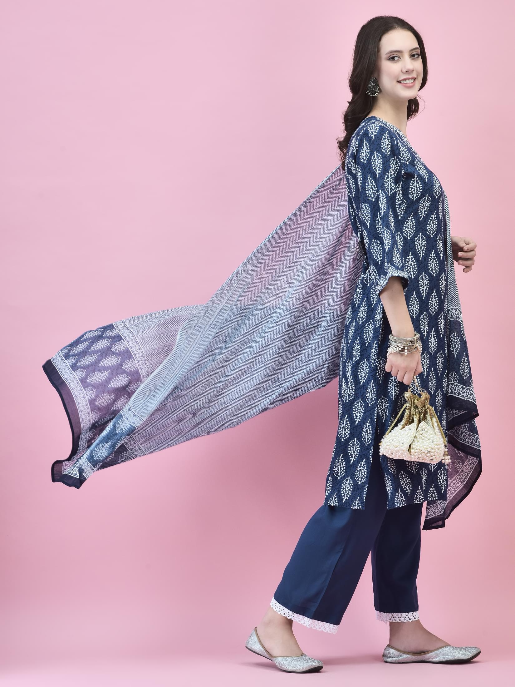 Women Liva (Rayon) Indigo Floral Print Kurta Comfort Pant Dupatta.