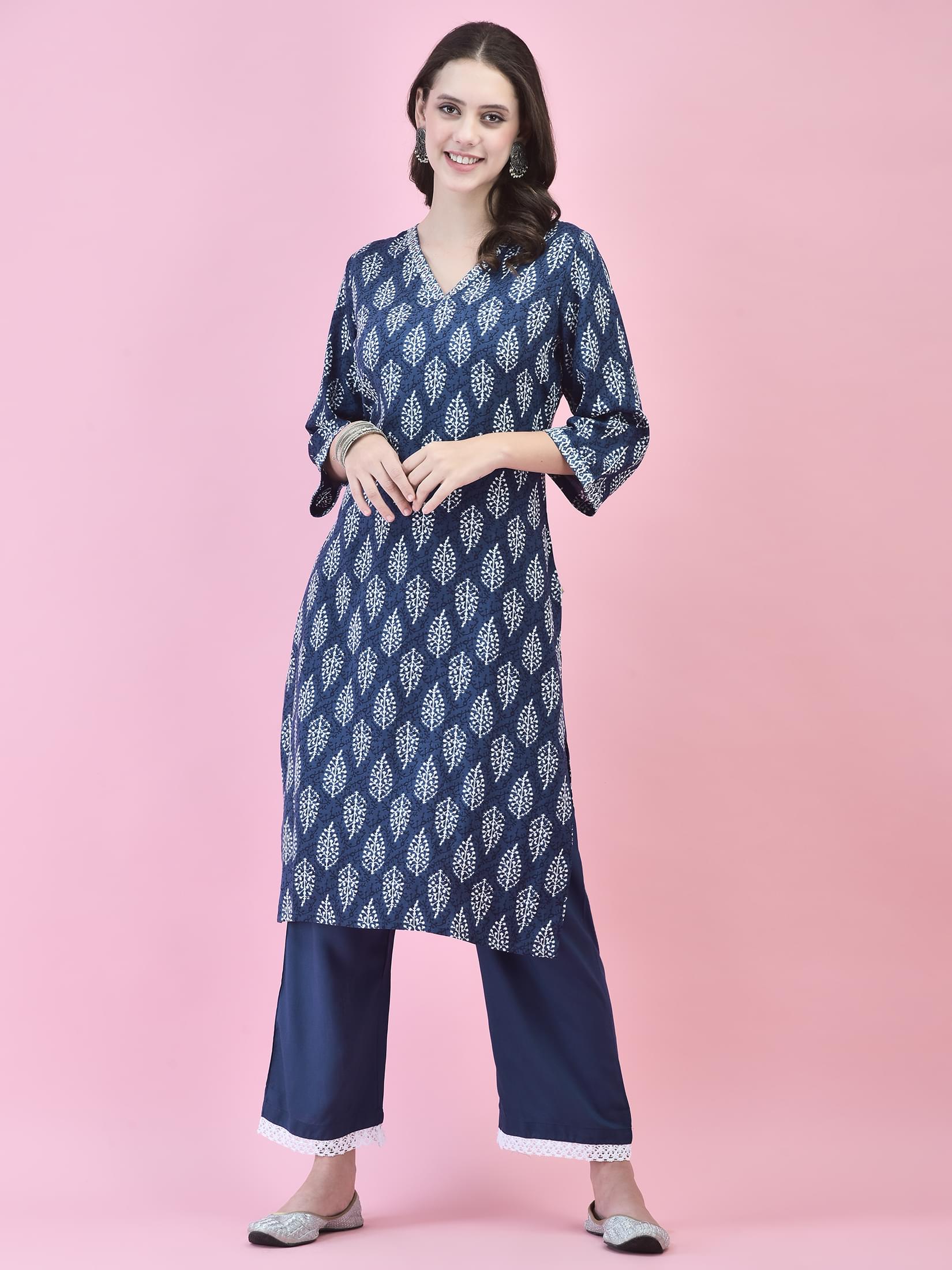 Women Liva (Rayon) Indigo Floral Print Kurta Comfort Pant Dupatta.