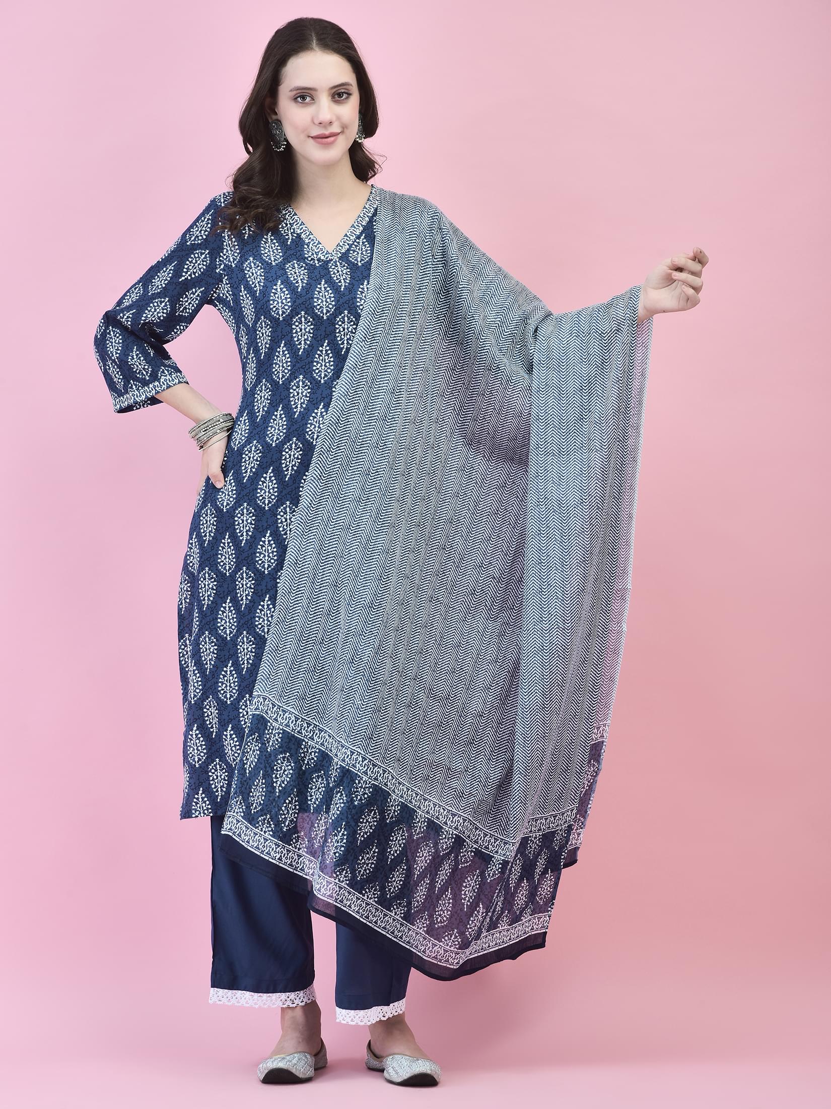 Women Liva (Rayon) Indigo Floral Print Kurta Comfort Pant Dupatta.