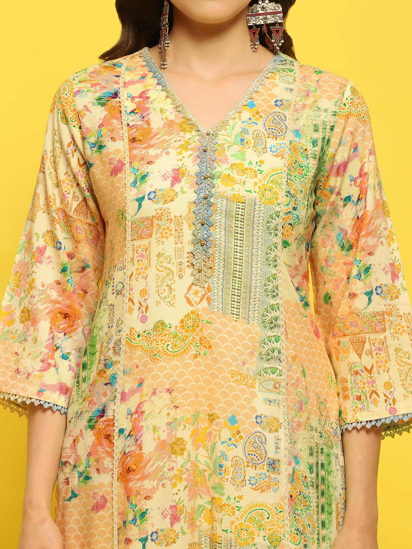 Women Liva Rayon Multicolor Abstract Print Kurta Comfort Pant Dupatta.