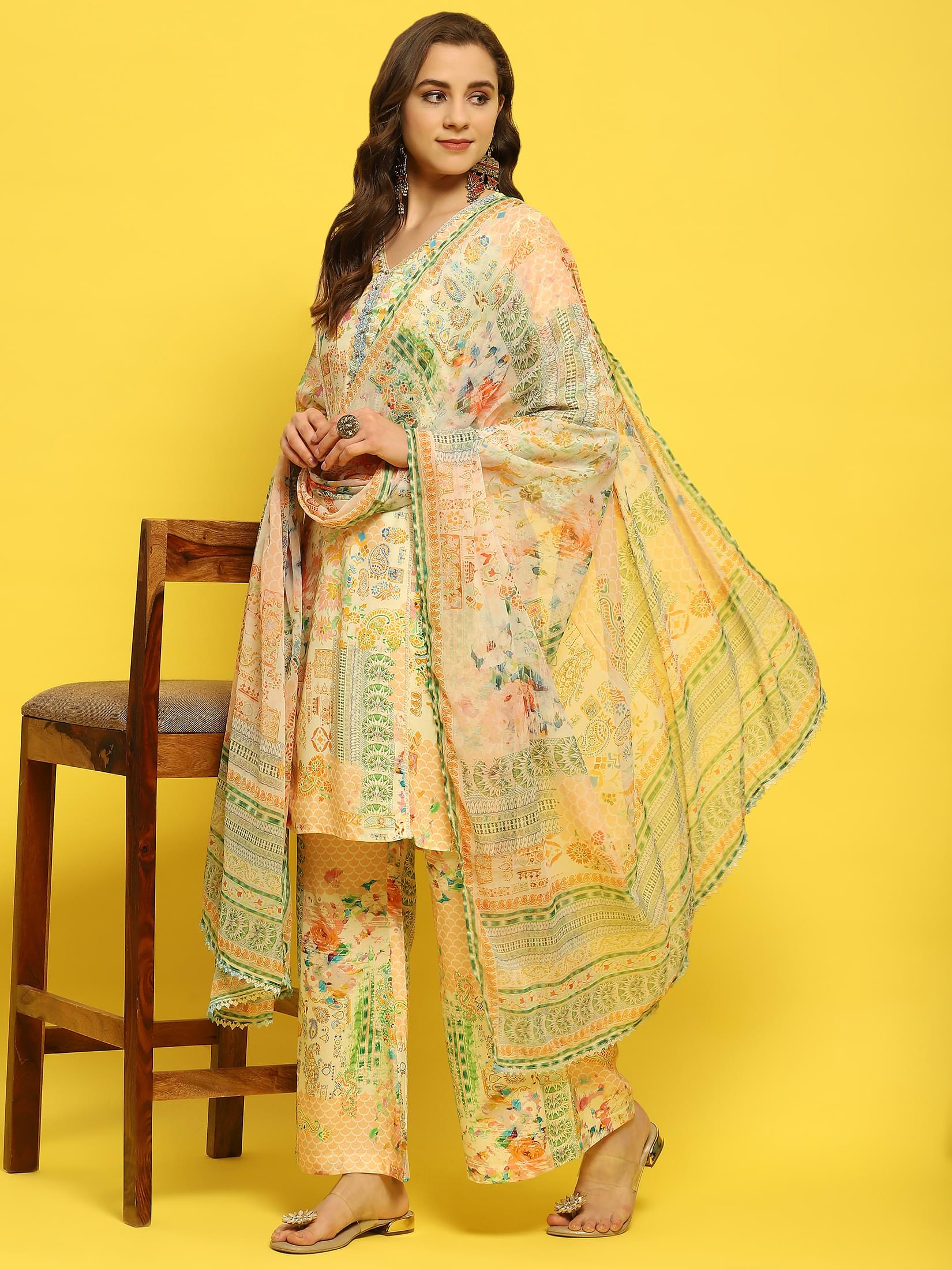 Women Liva Rayon Multicolor Abstract Print Kurta Comfort Pant Dupatta.