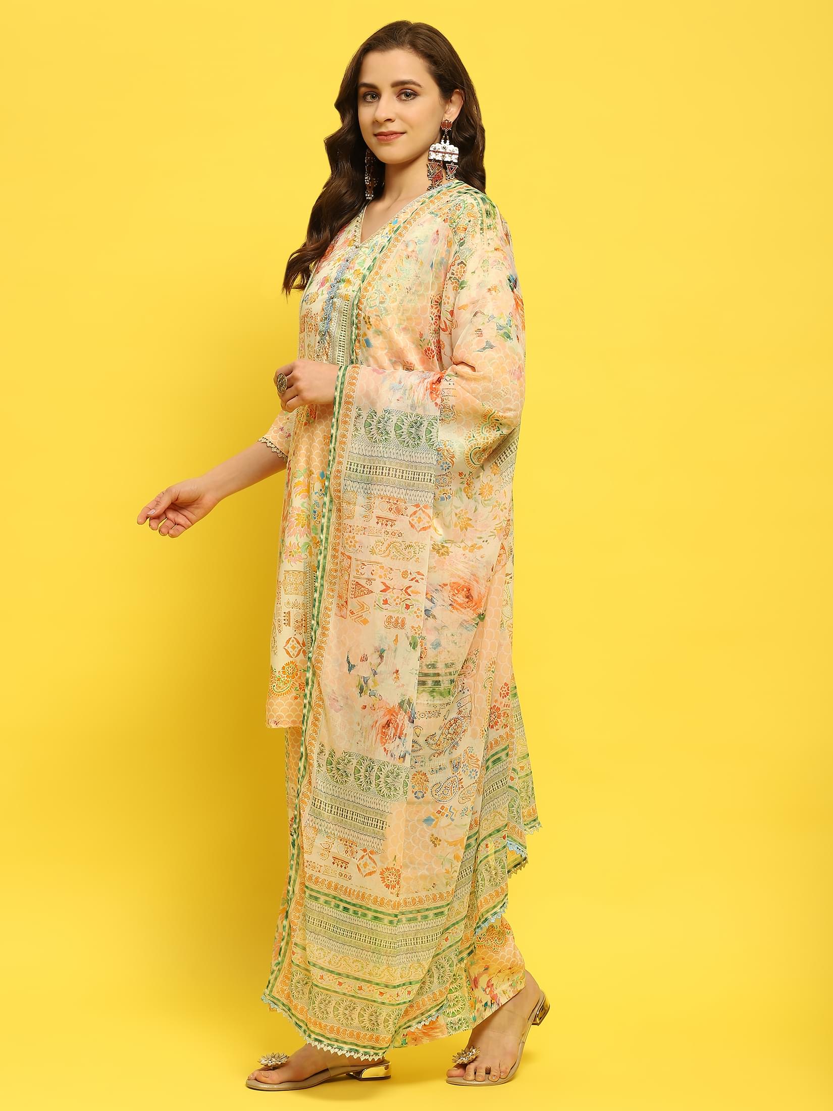 Women Liva Rayon Multicolor Abstract Print Kurta Comfort Pant Dupatta.