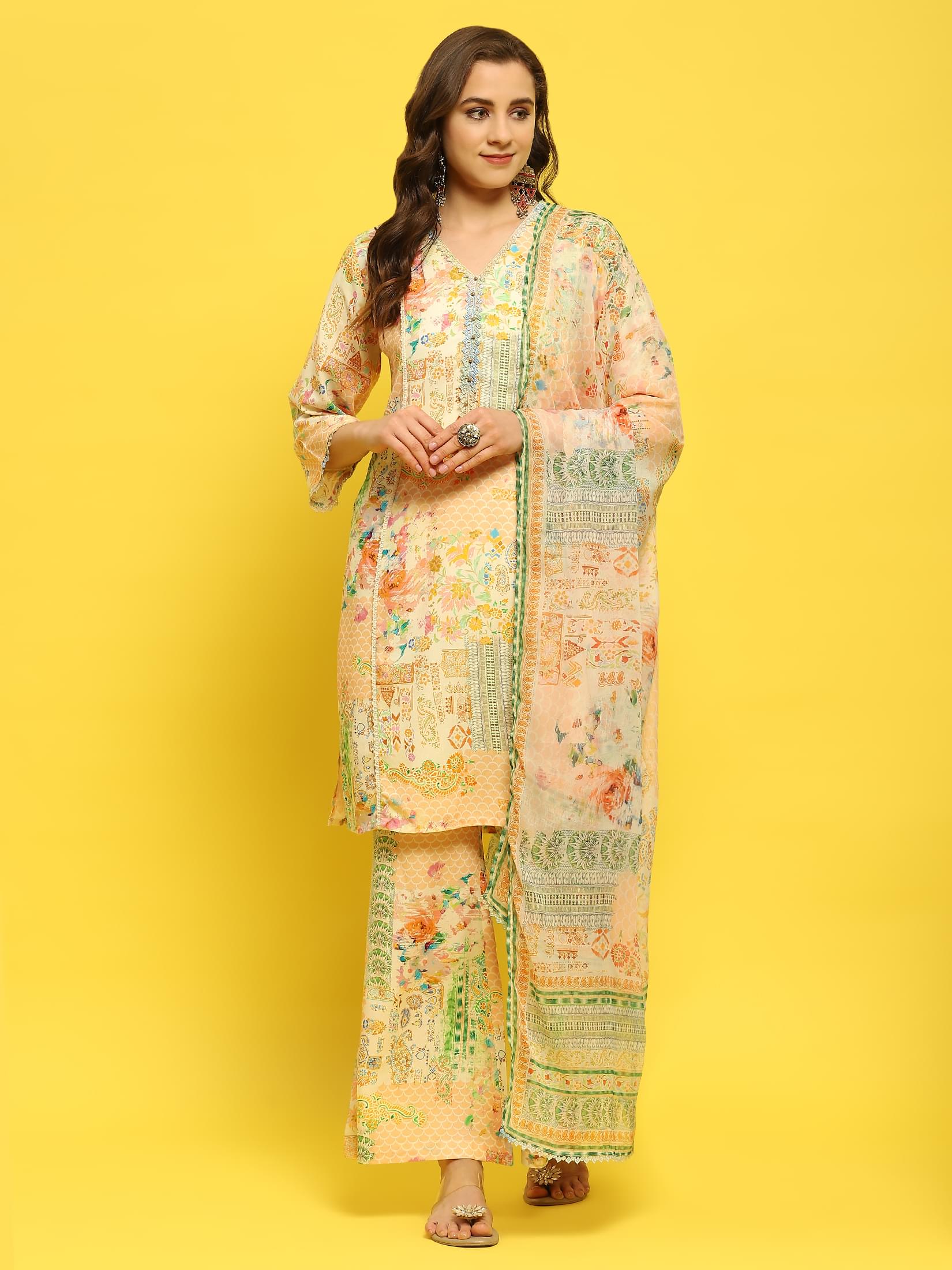 Women Liva Rayon Multicolor Abstract Print Kurta Comfort Pant Dupatta.