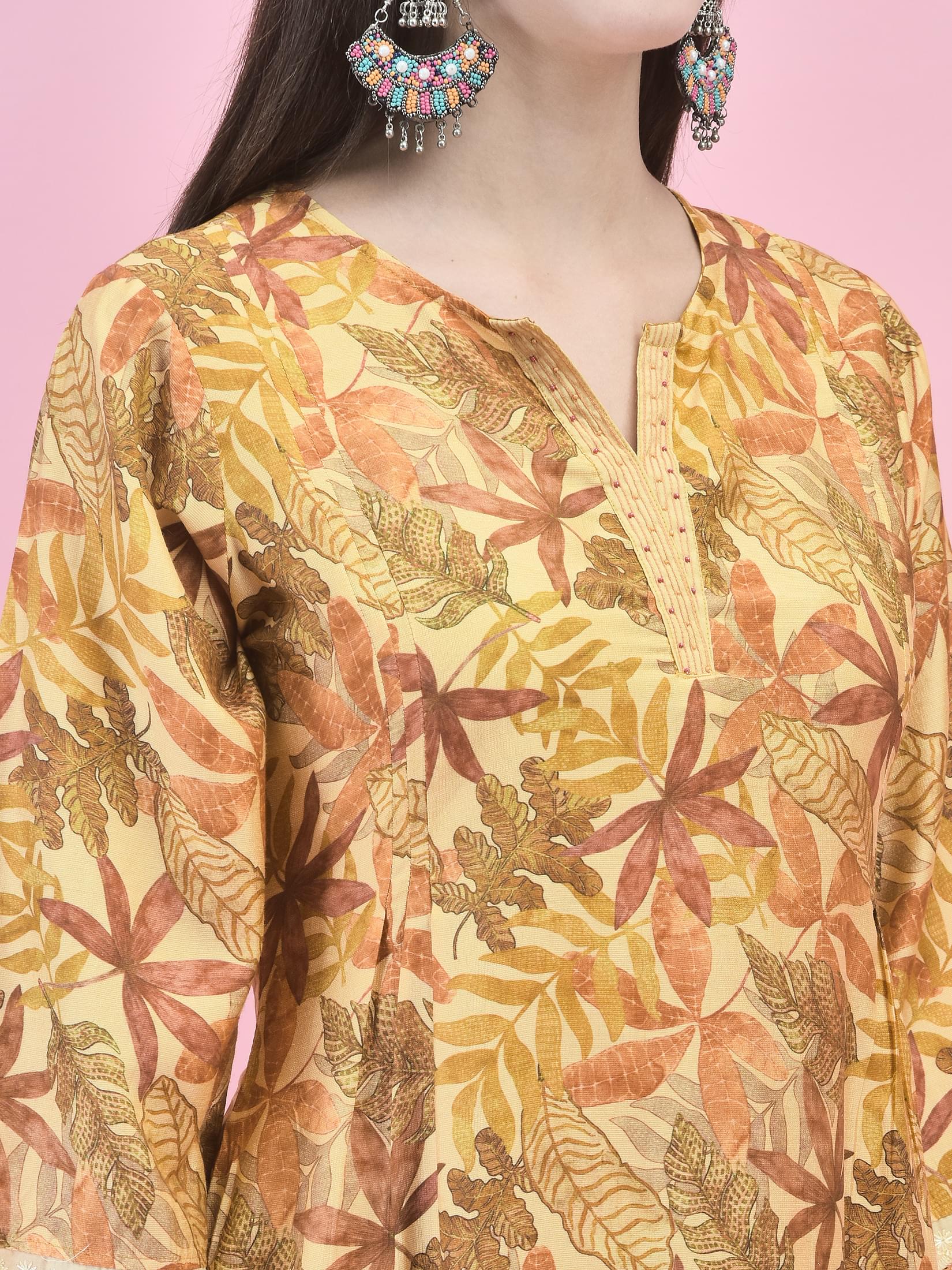 Women Liva Rust Floral Print Kurta Comfort Pant Dupatta.