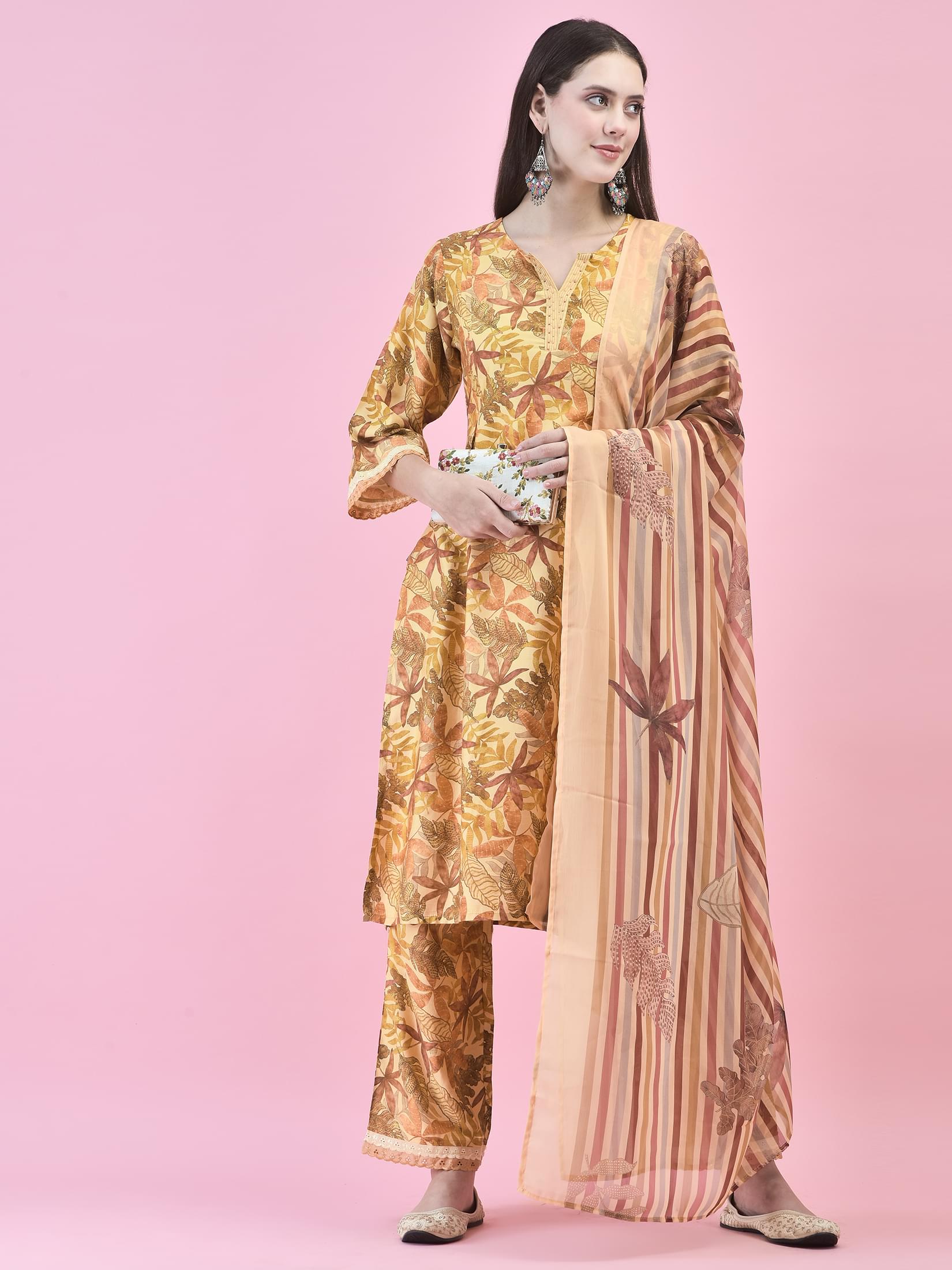 Women Liva Rust Floral Print Kurta Comfort Pant Dupatta.