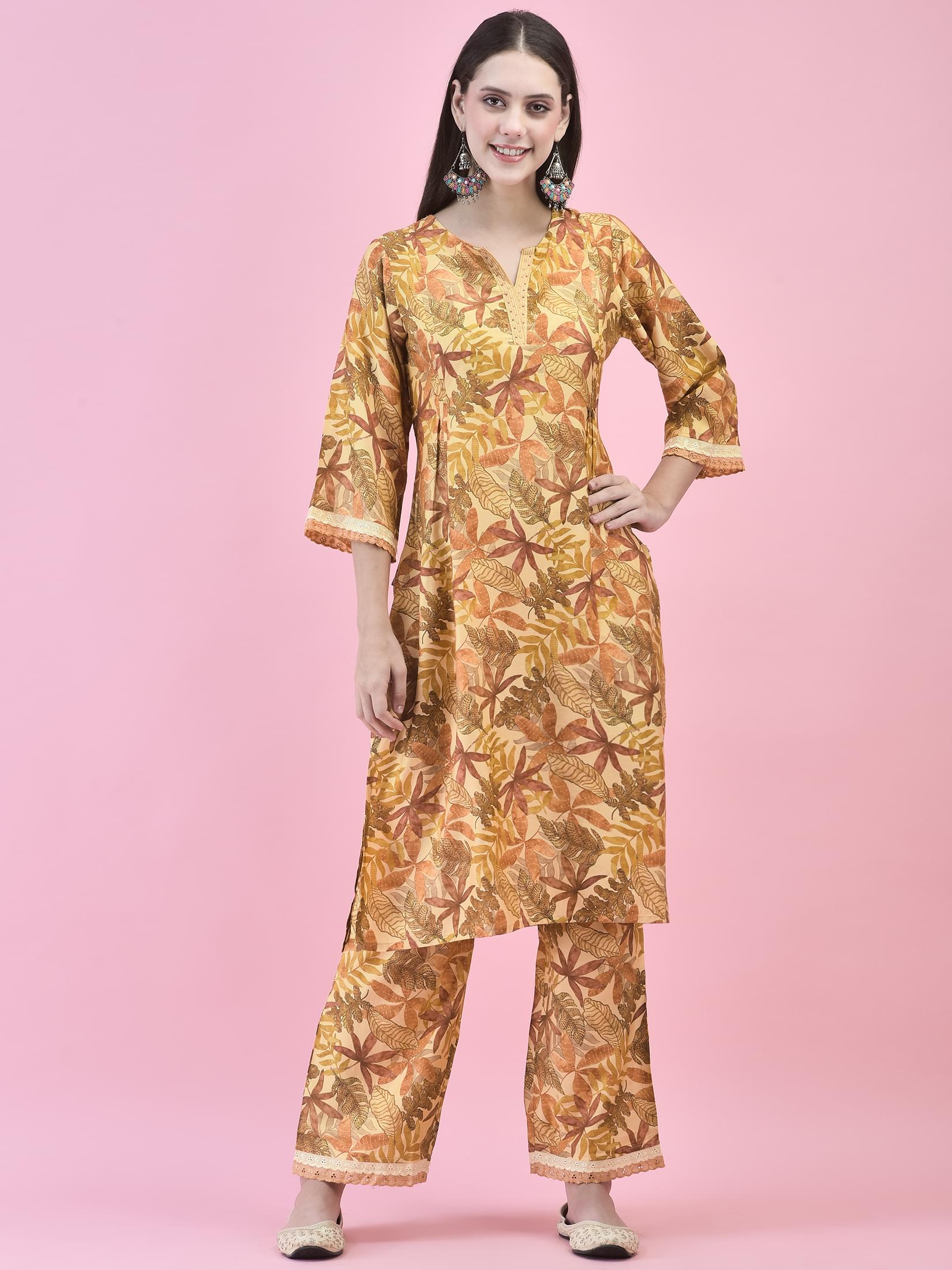Women Liva Rust Floral Print Kurta Comfort Pant Dupatta.