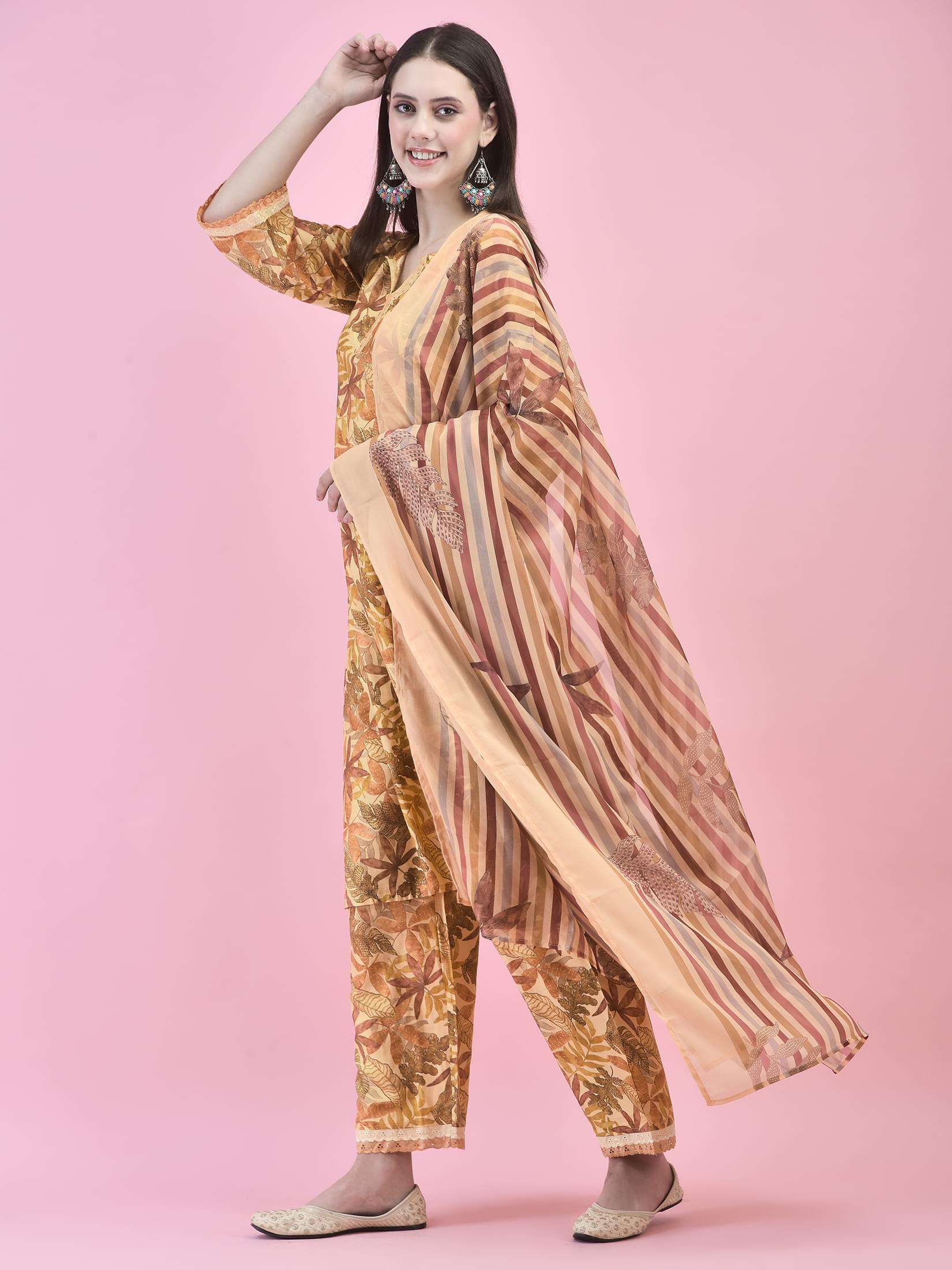 Women Liva Rust Floral Print Kurta Comfort Pant Dupatta.