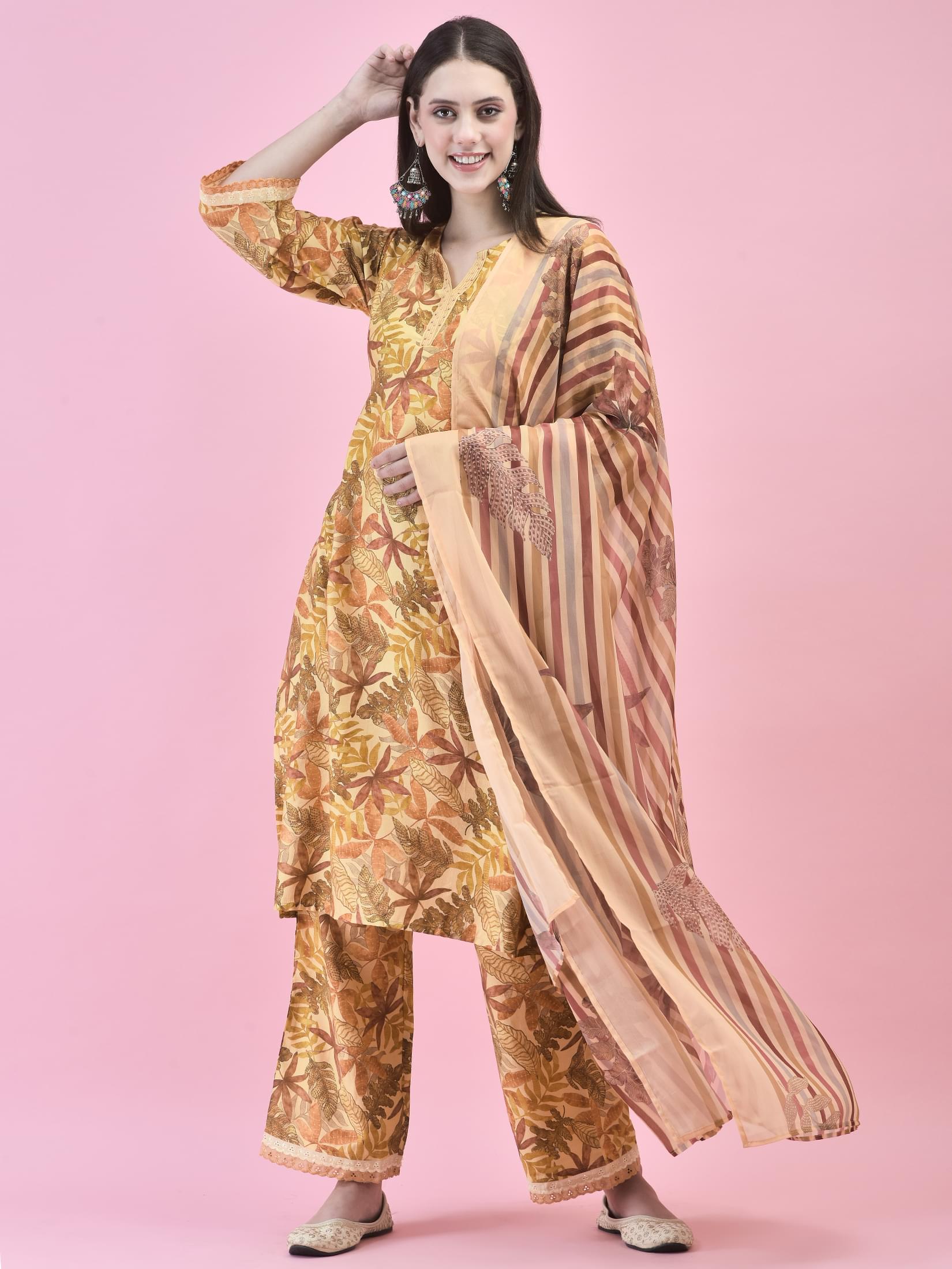 Women Liva Rust Floral Print Kurta Comfort Pant Dupatta.