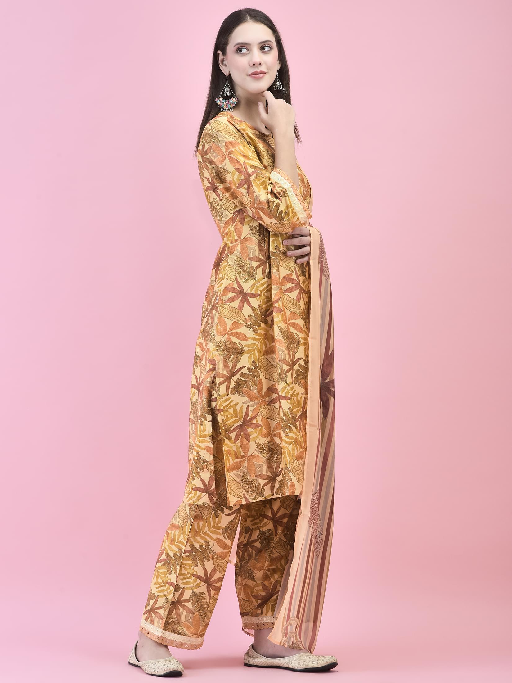 Women Liva Rust Floral Print Kurta Comfort Pant Dupatta.