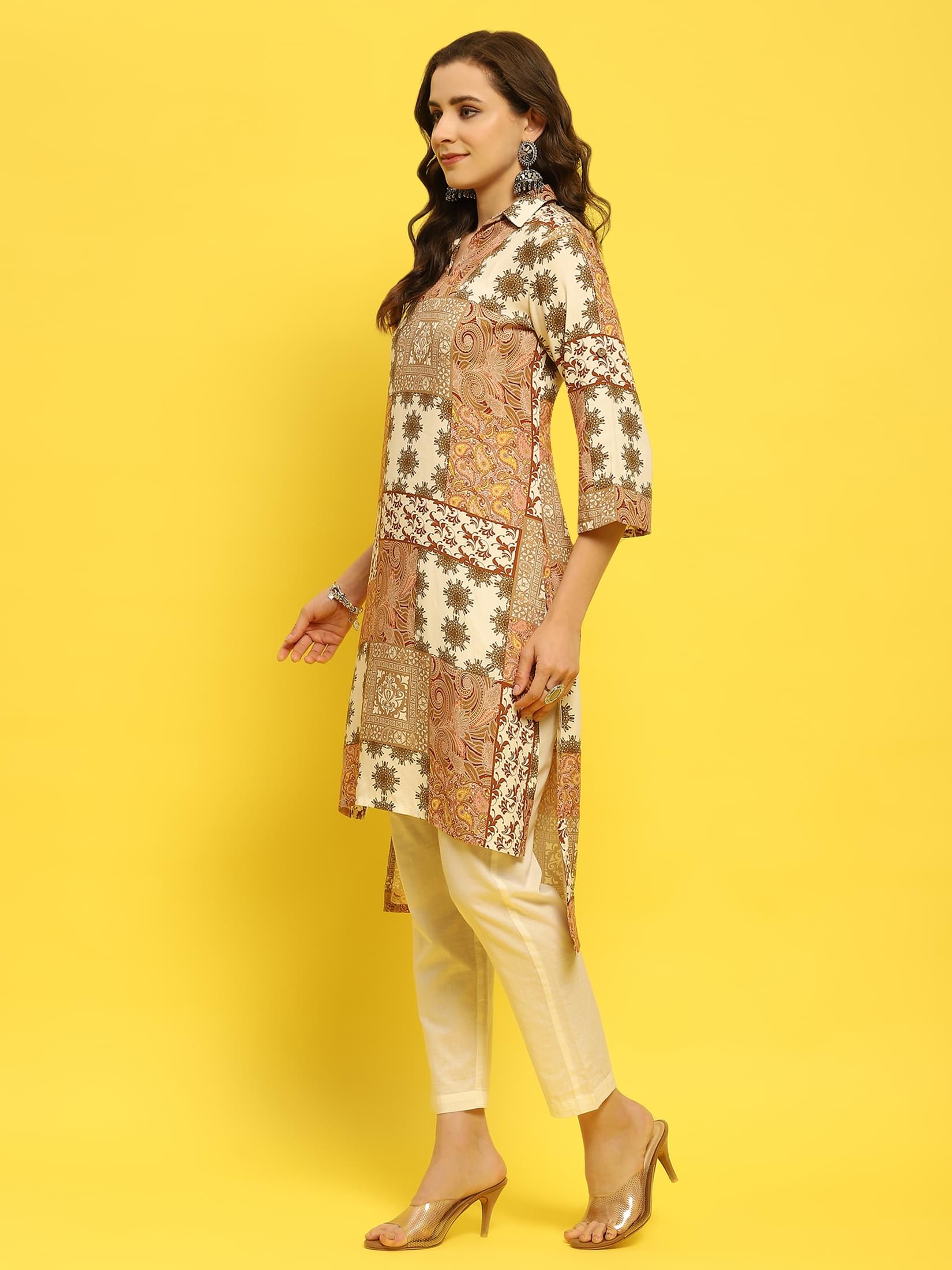 Women Liva Rayon Multicolor Ornamental Print Kurta.