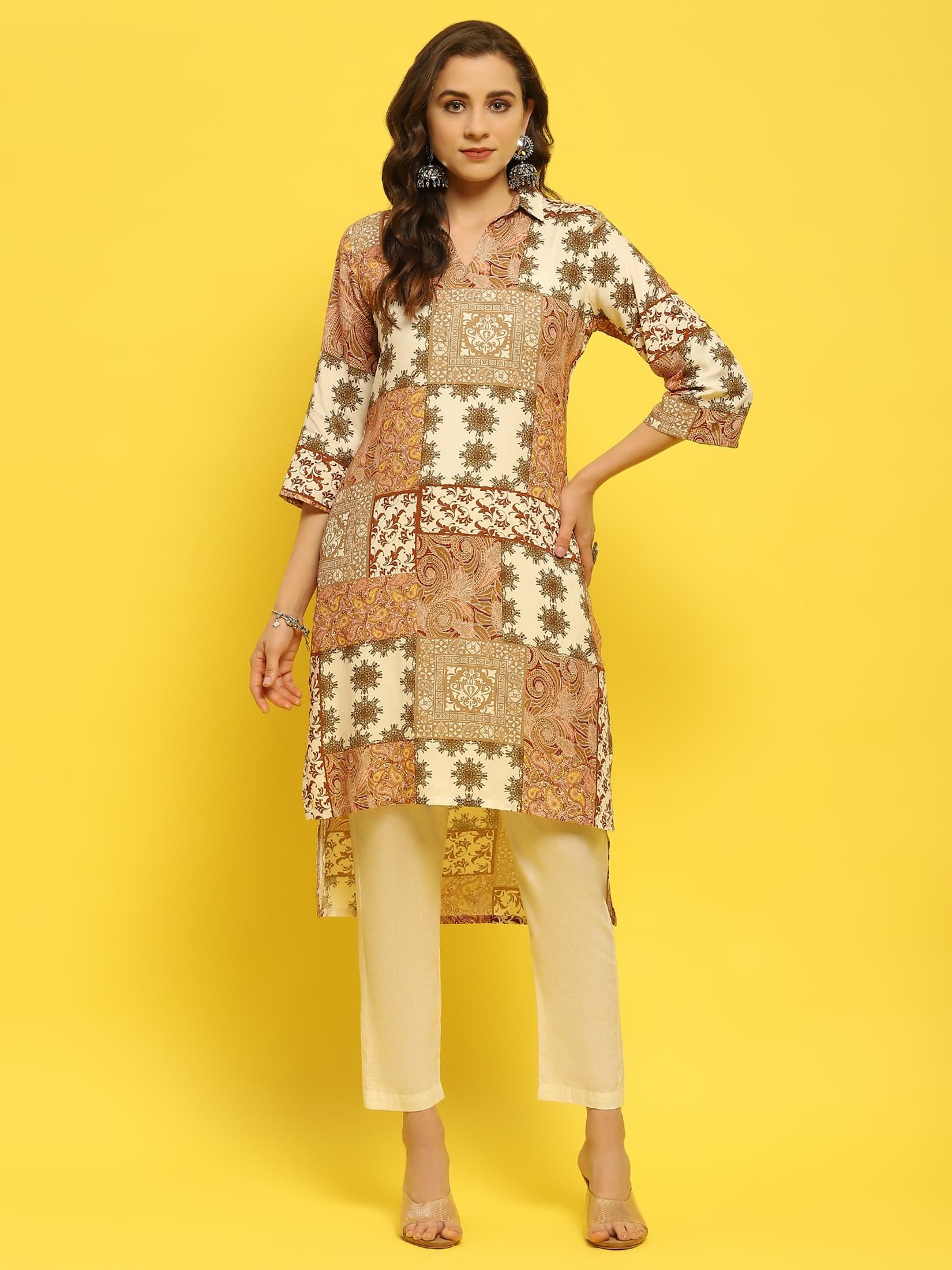 Women Liva Rayon Multicolor Ornamental Print Kurta.