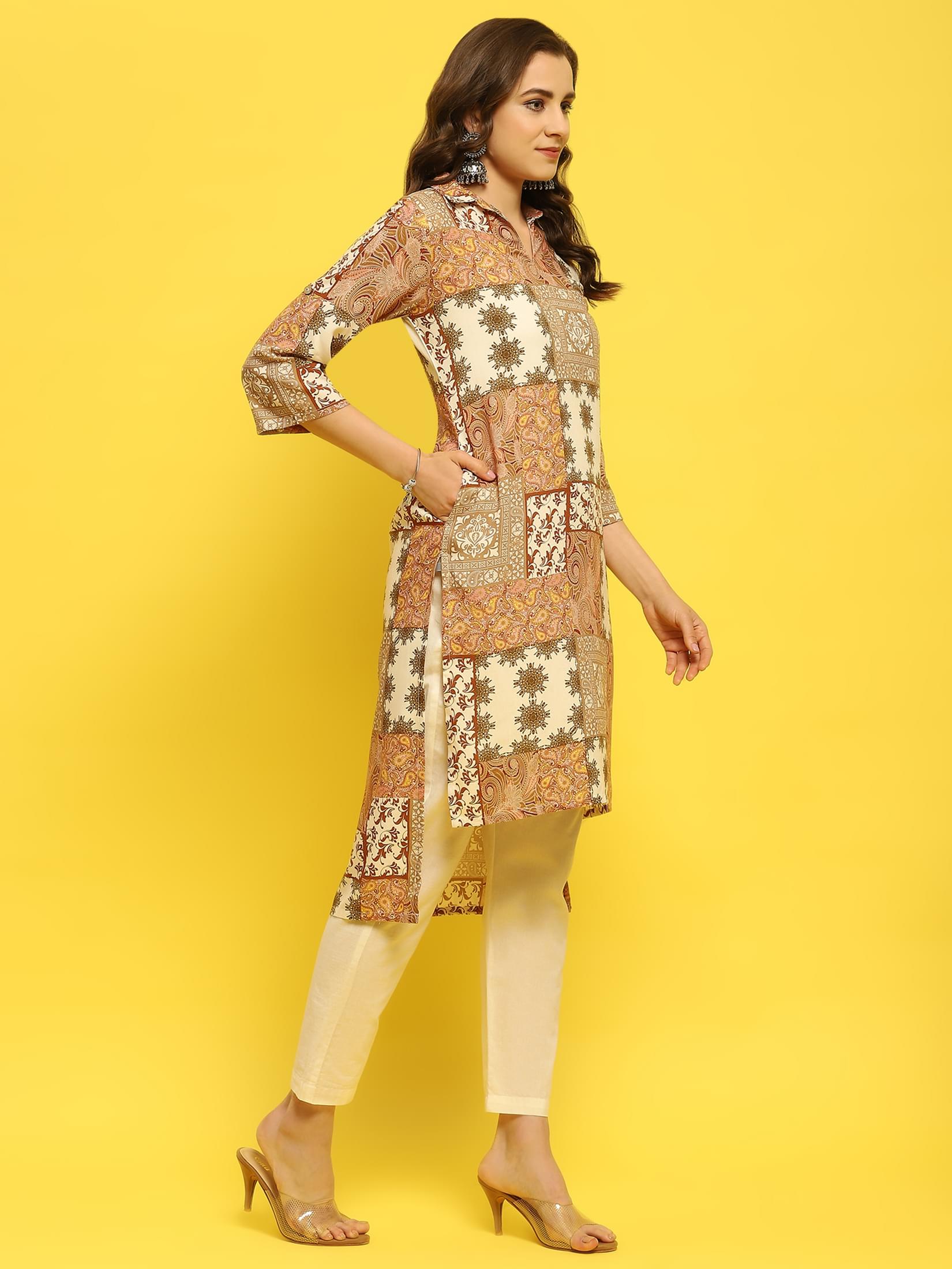 Women Liva Rayon Multicolor Ornamental Print Kurta.
