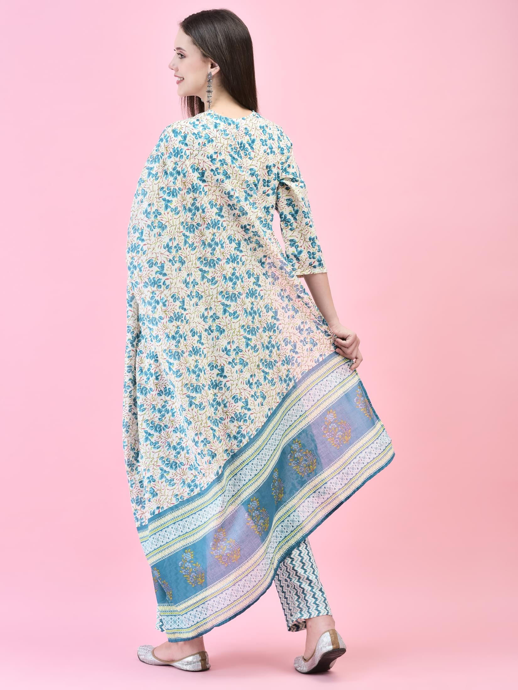 Women Cotton Multicolor Floral Print Kurta Trouser Dupatta.