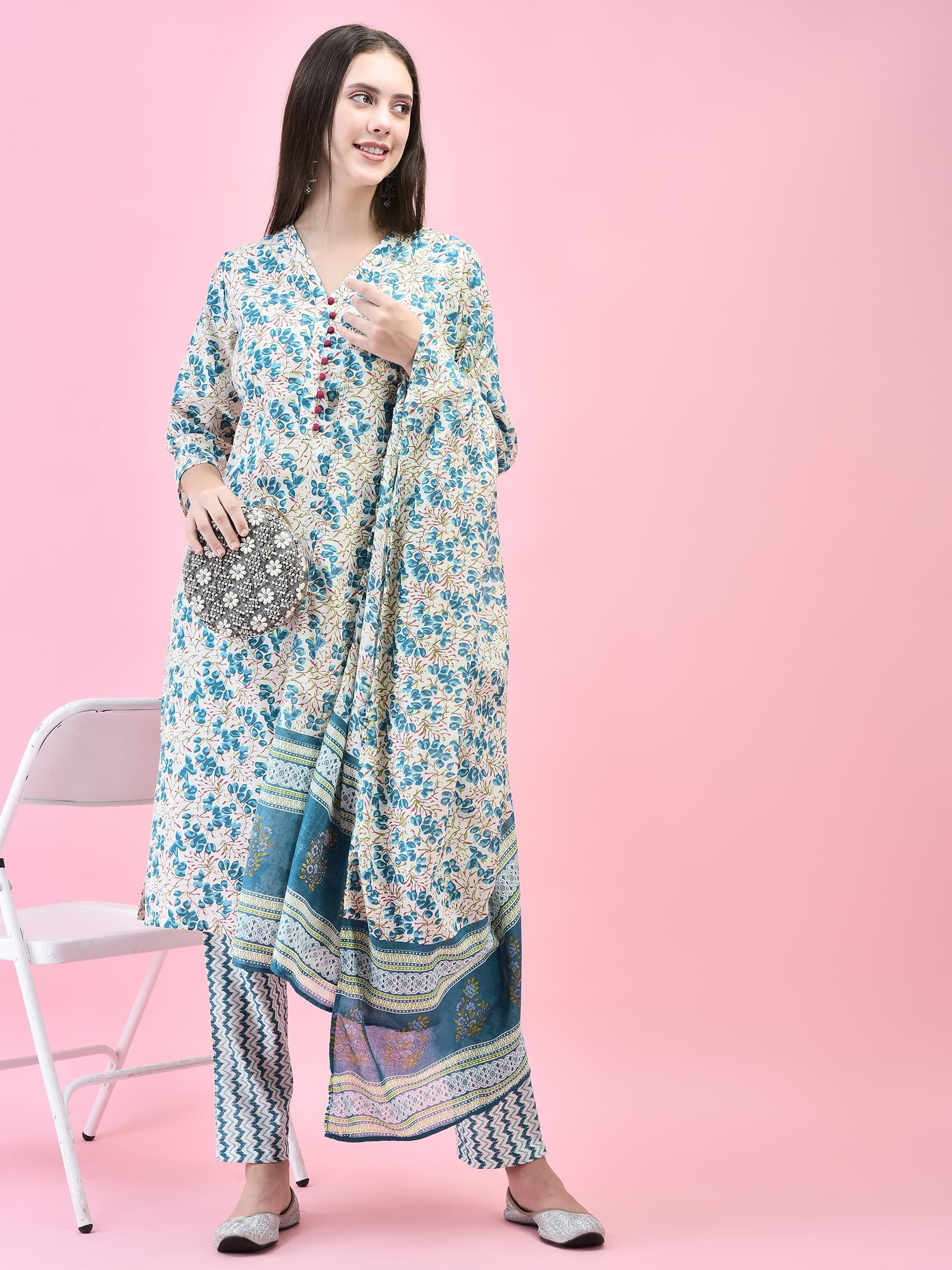Women Cotton Multicolor Floral Print Kurta Trouser Dupatta.
