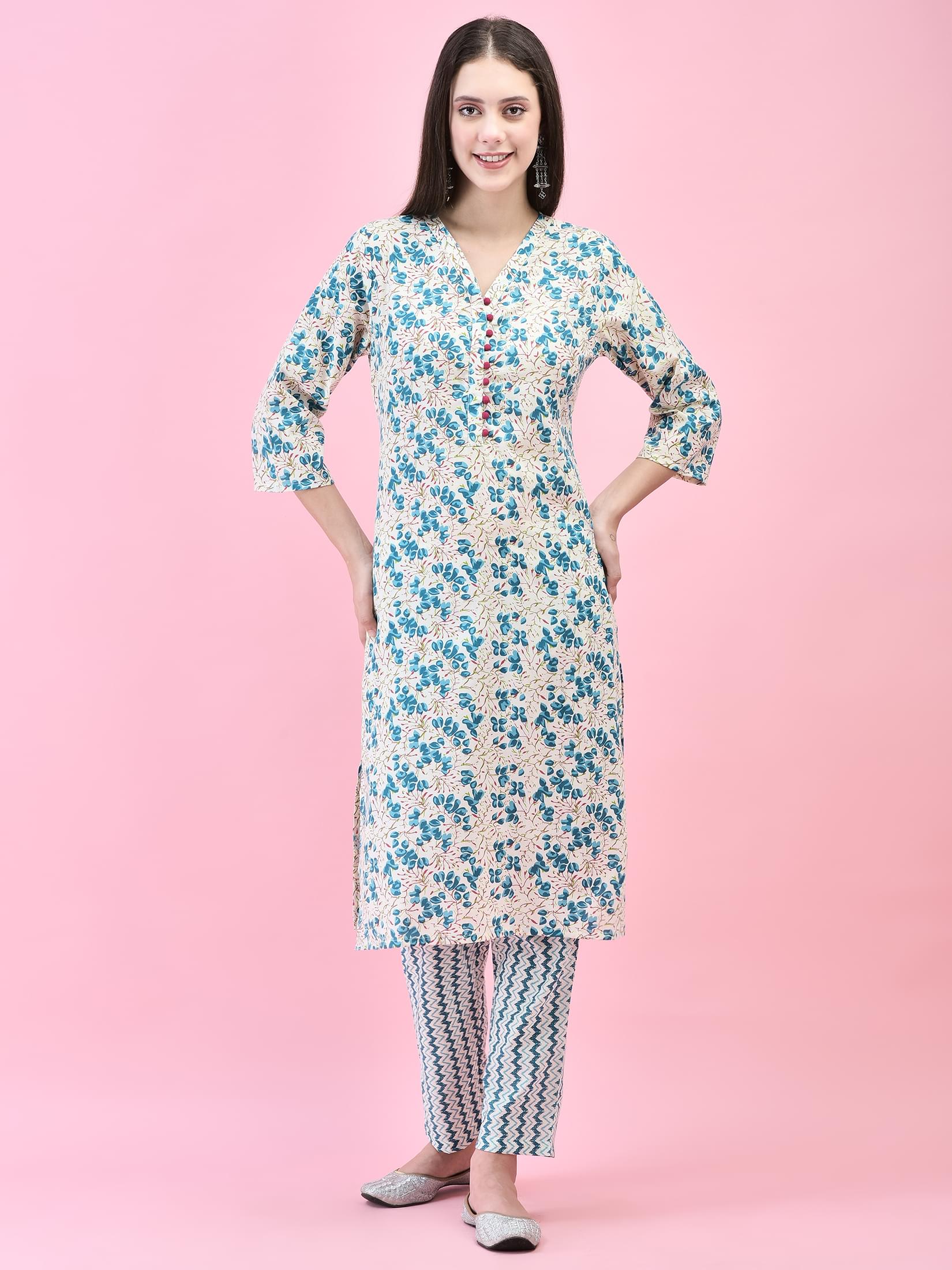 Women Cotton Multicolor Floral Print Kurta Trouser Dupatta.