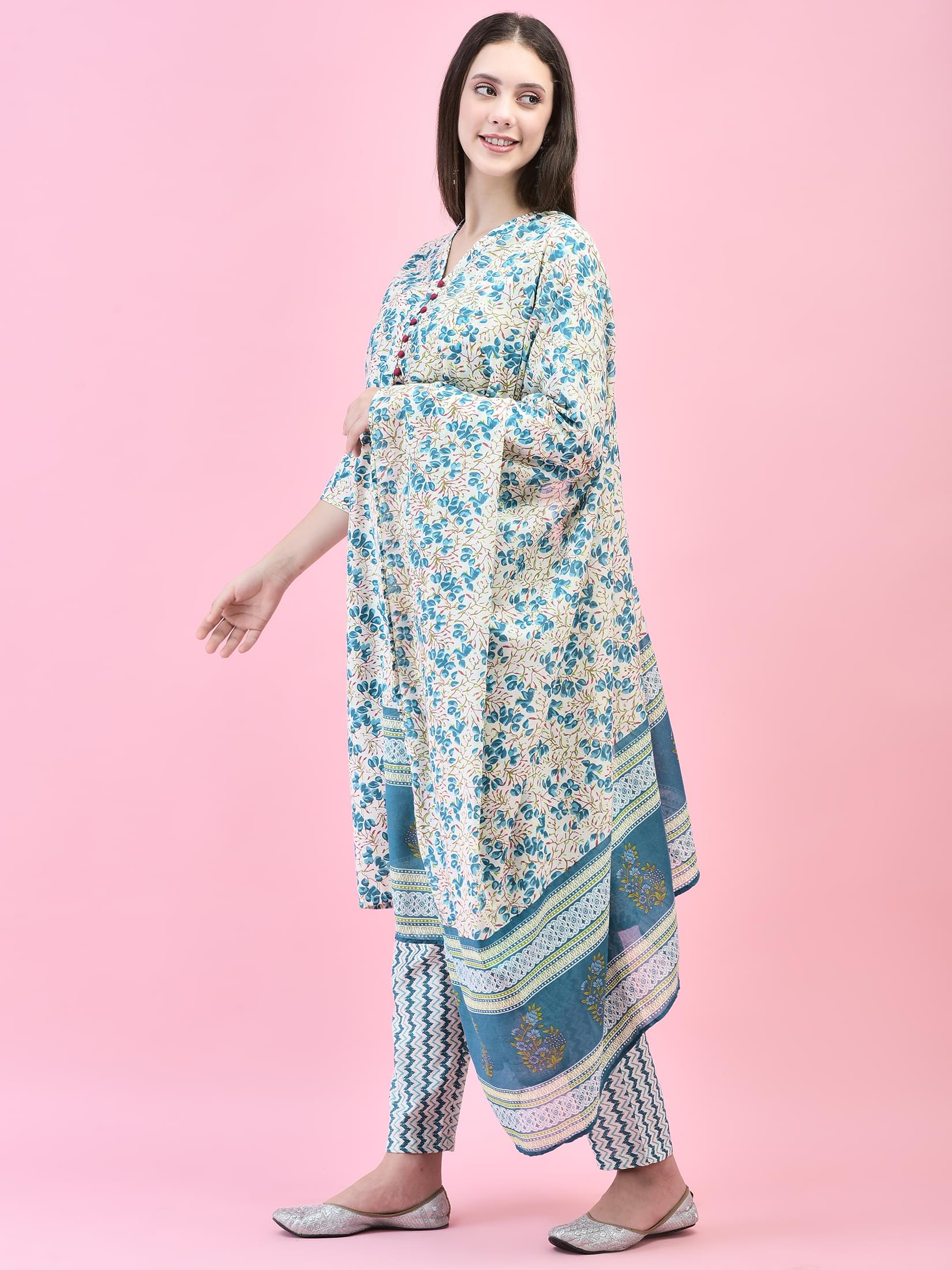 Women Cotton Multicolor Floral Print Kurta Trouser Dupatta.