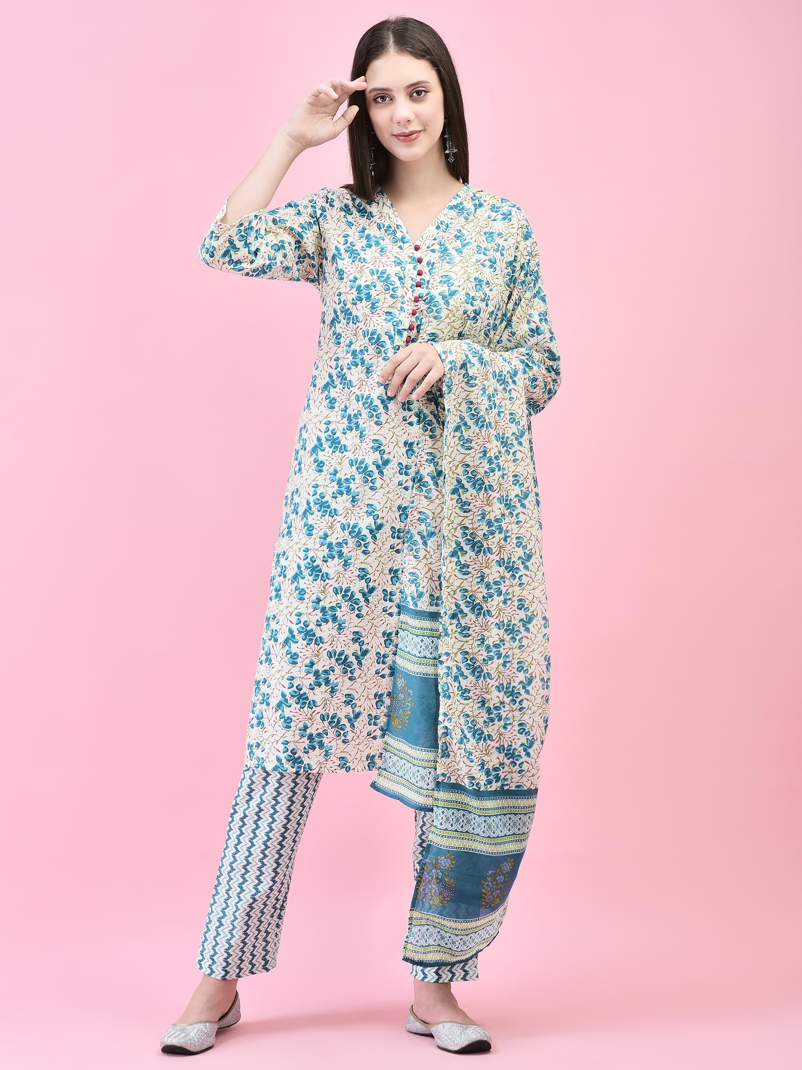 Women Cotton Multicolor Floral Print Kurta Trouser Dupatta.