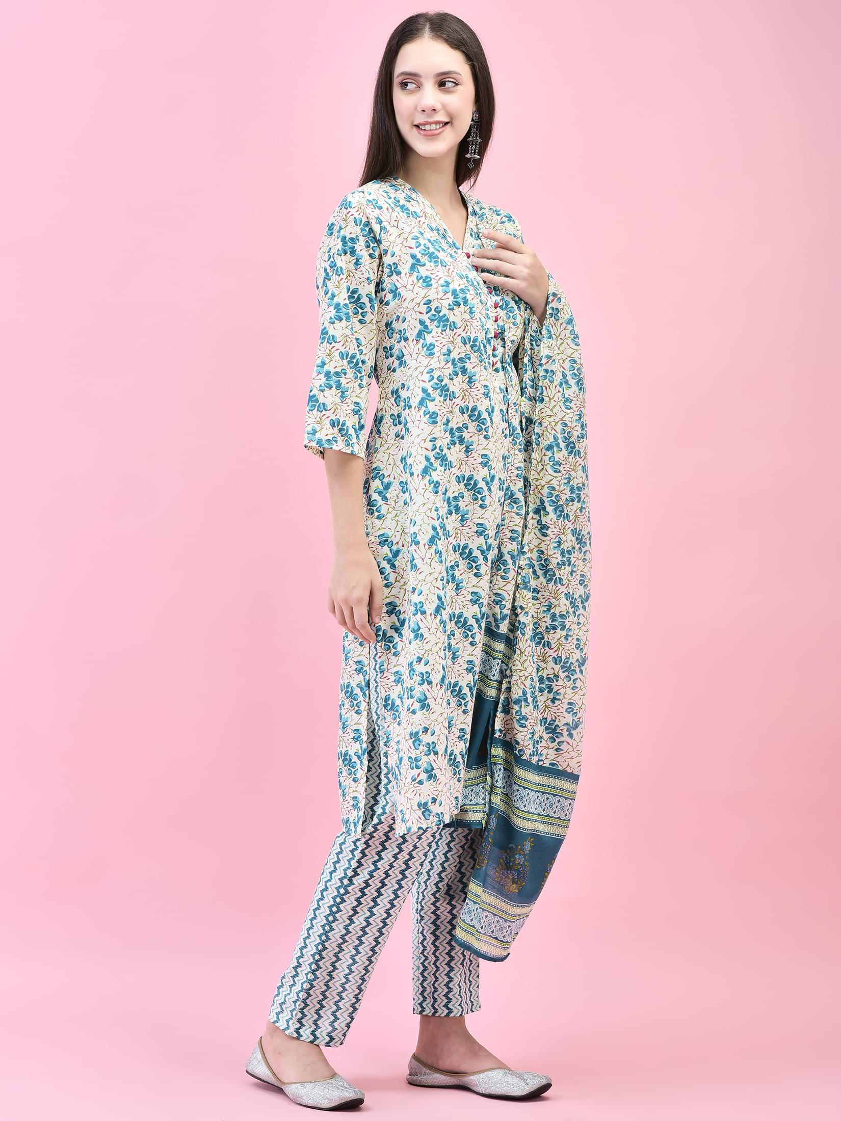 Women Cotton Multicolor Floral Print Kurta Trouser Dupatta.