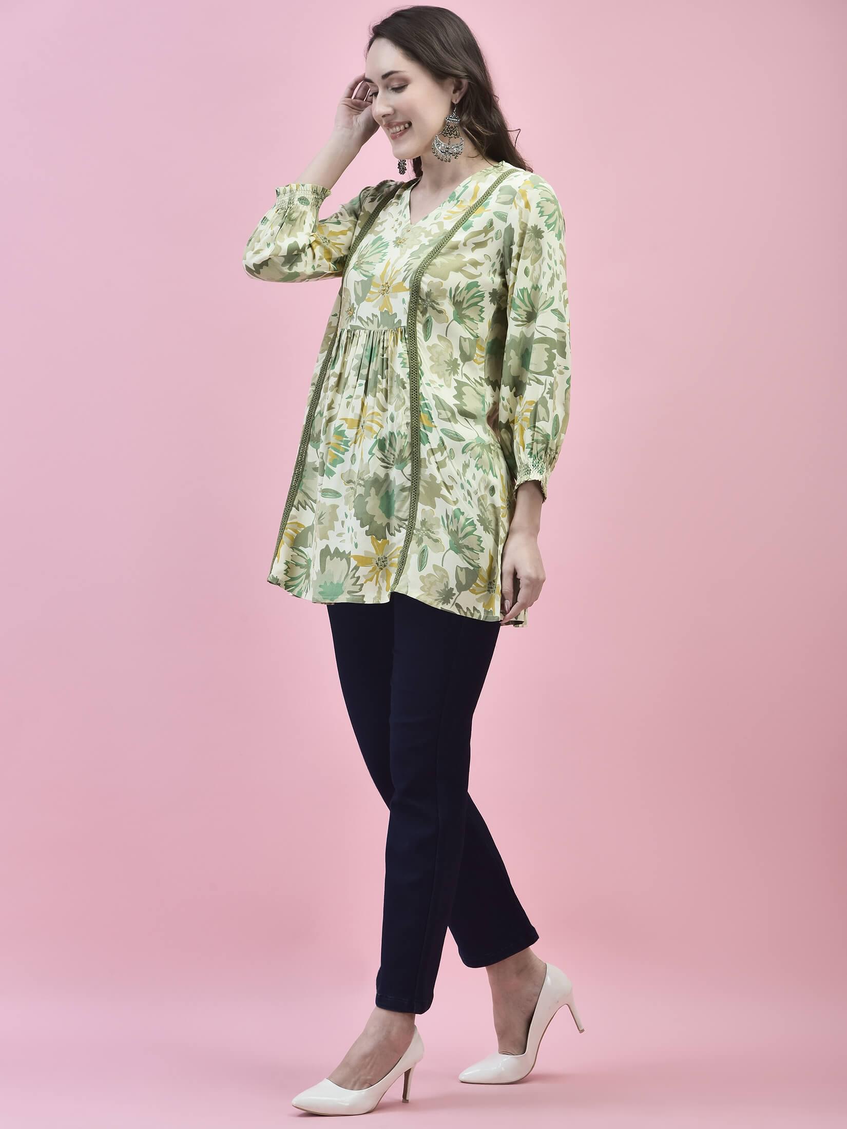 Women Liva Rayon Green Floral Print Tunic.