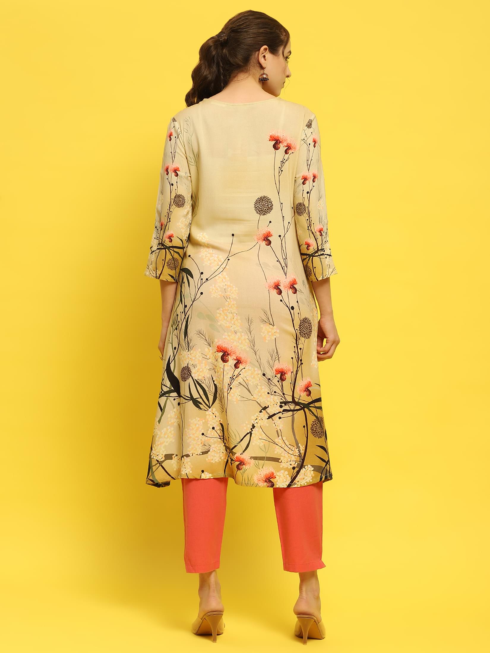 Women Liva Rayon Olive Floral Print Kurta.