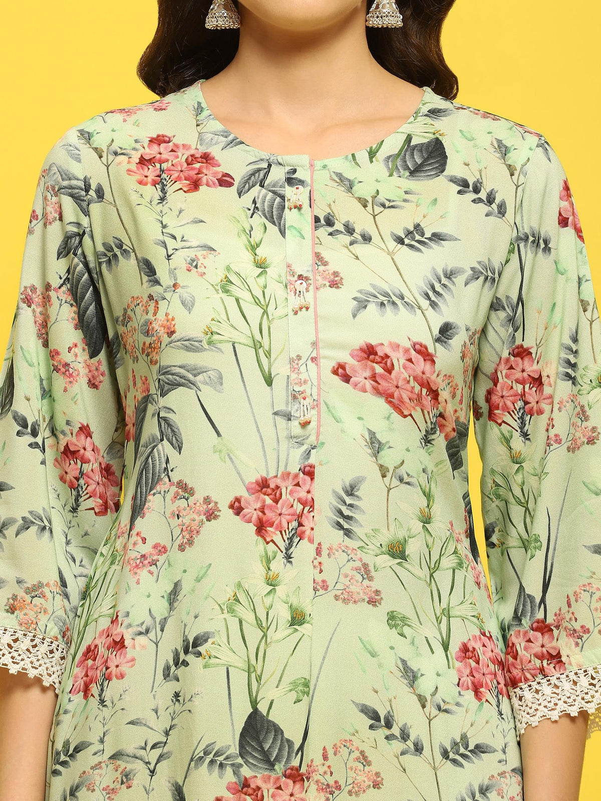Women Green Multi Liva Rayon Kurta Comfort Pant Dupatta.