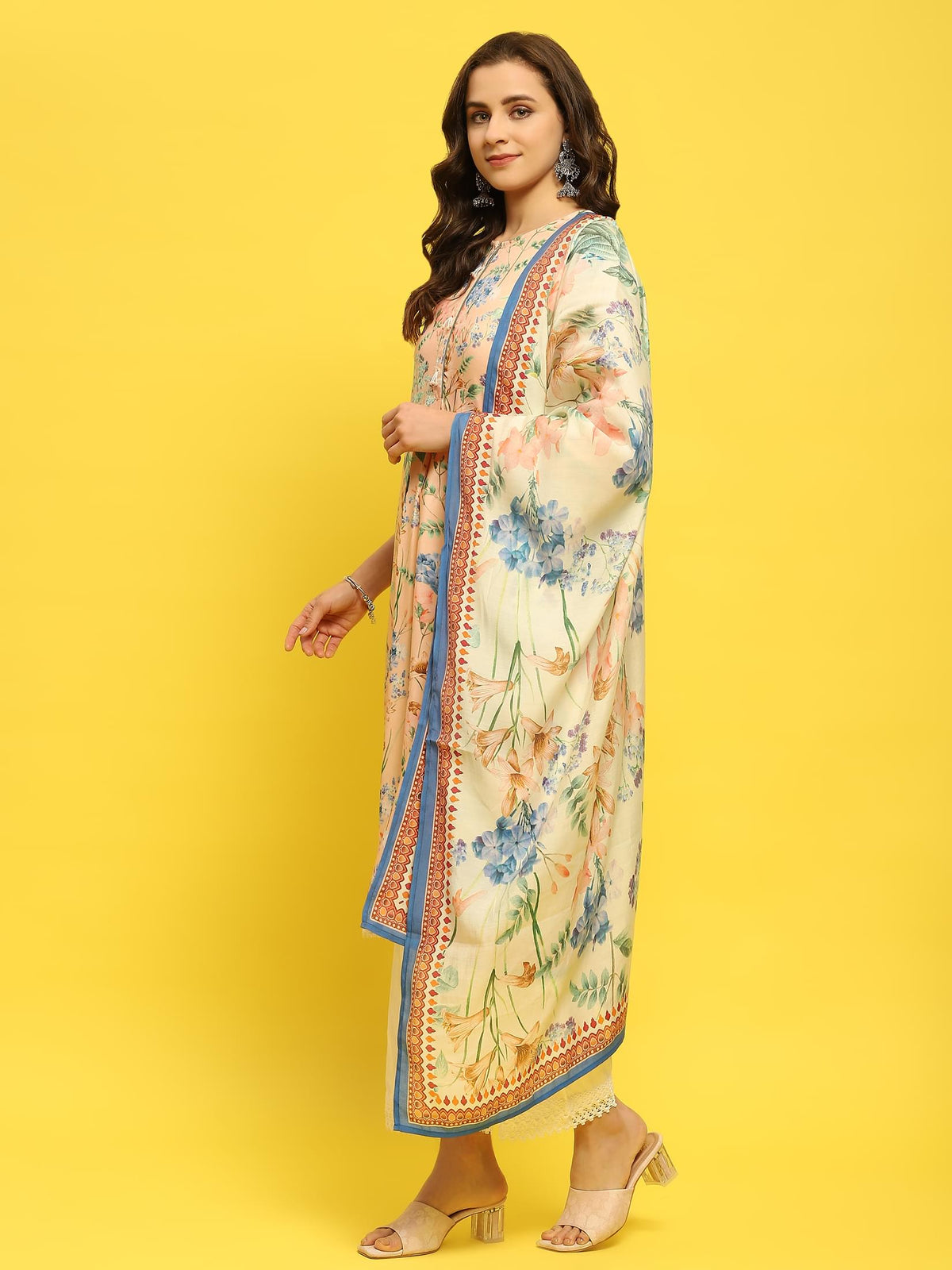 Women Peach Multi Liva Rayon Kurta Comfort Pant Dupatta.