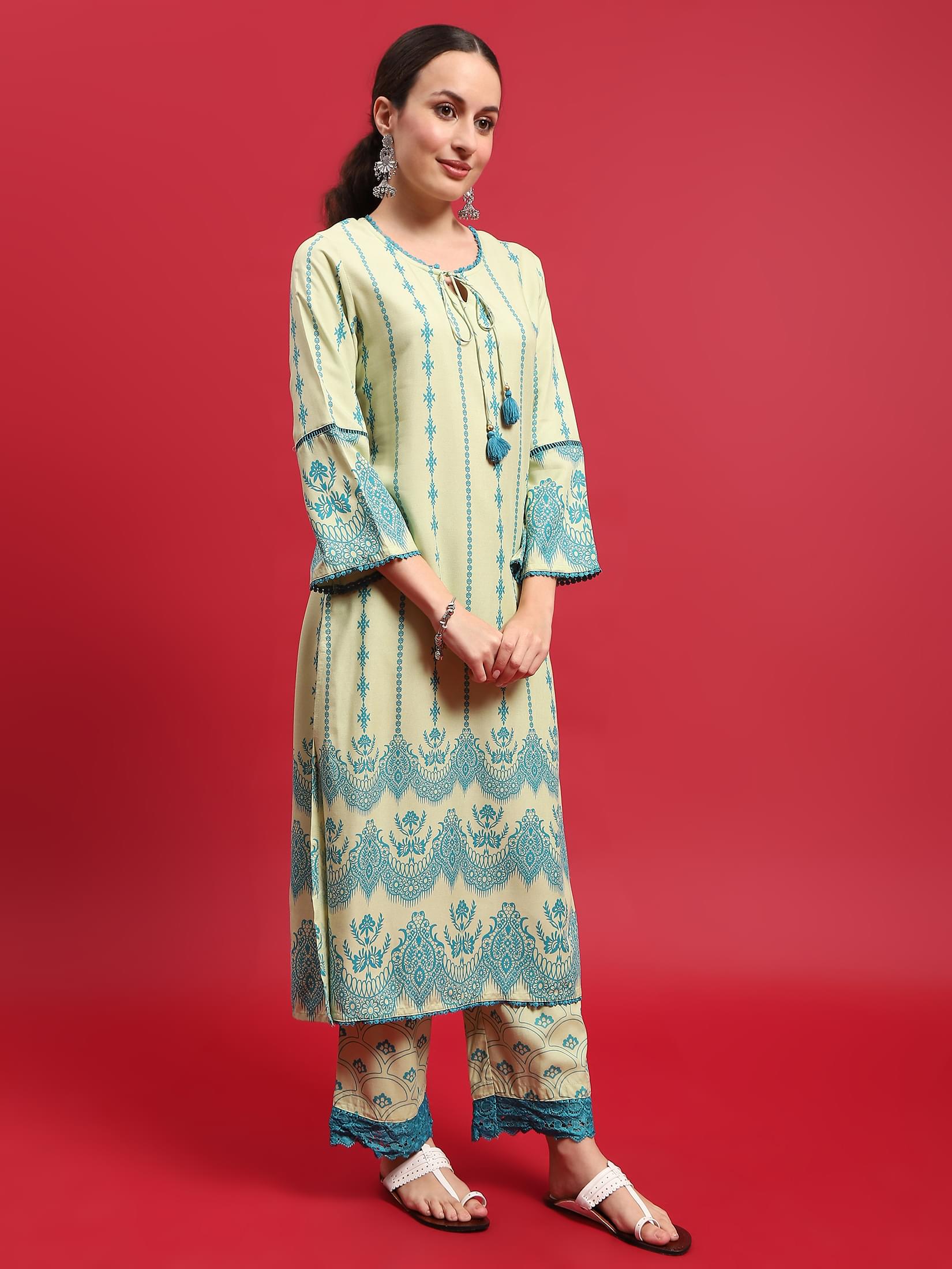 Women Liva Rayon Green Ornamental Print Kurta With Comfort Pant.
