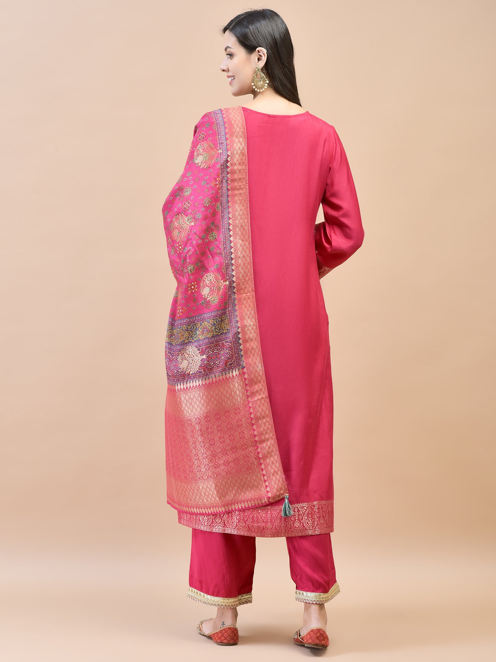 Women Silk Fuchsia Jacquard Kurta Comfort Pant Dupatta