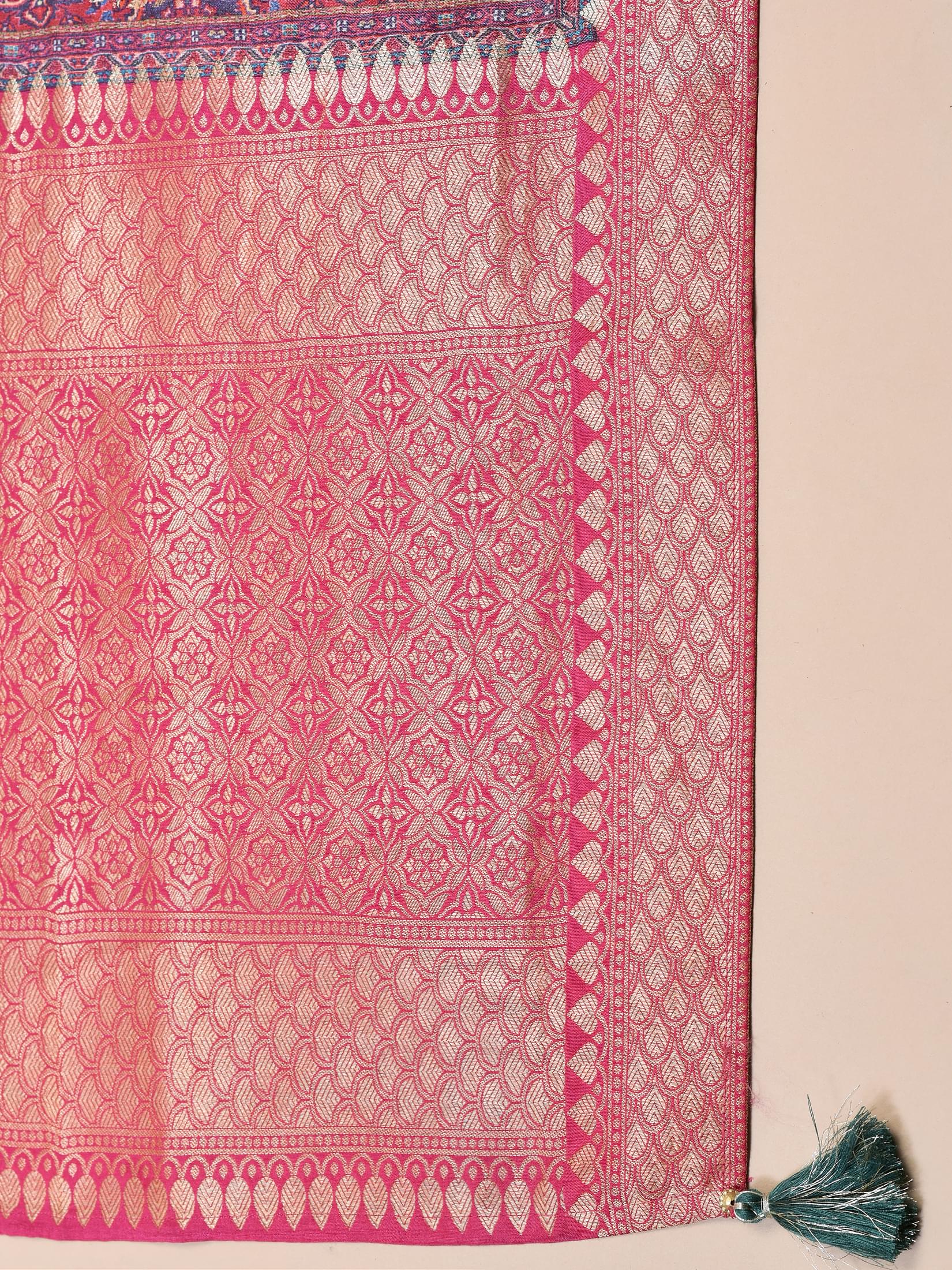 Women Silk Fuchsia Jacquard Kurta Comfort Pant Dupatta.