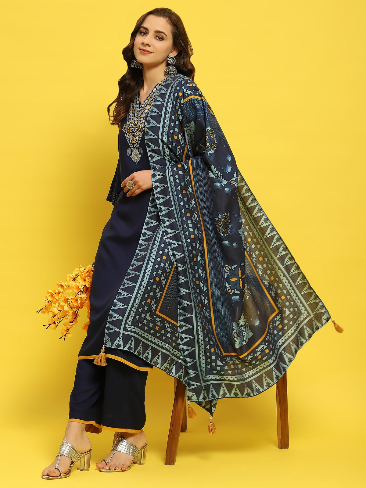Women Indigo Blue Liva Rayon Kurta Comfort Pant Dupatta.