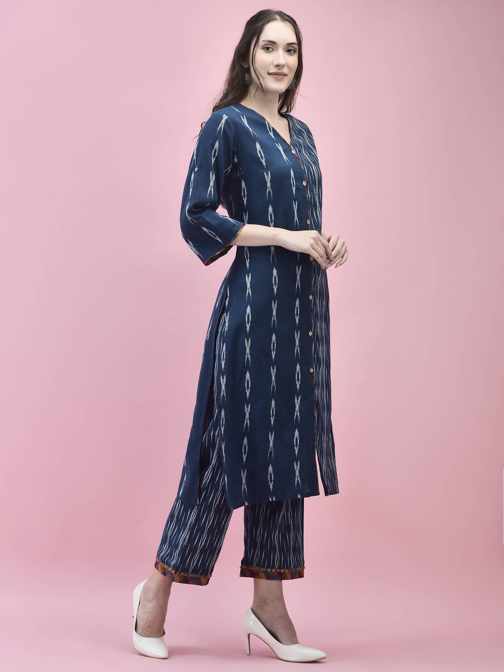 Women Cotton Navy Blue Printed Kurta With Comfort Pant.