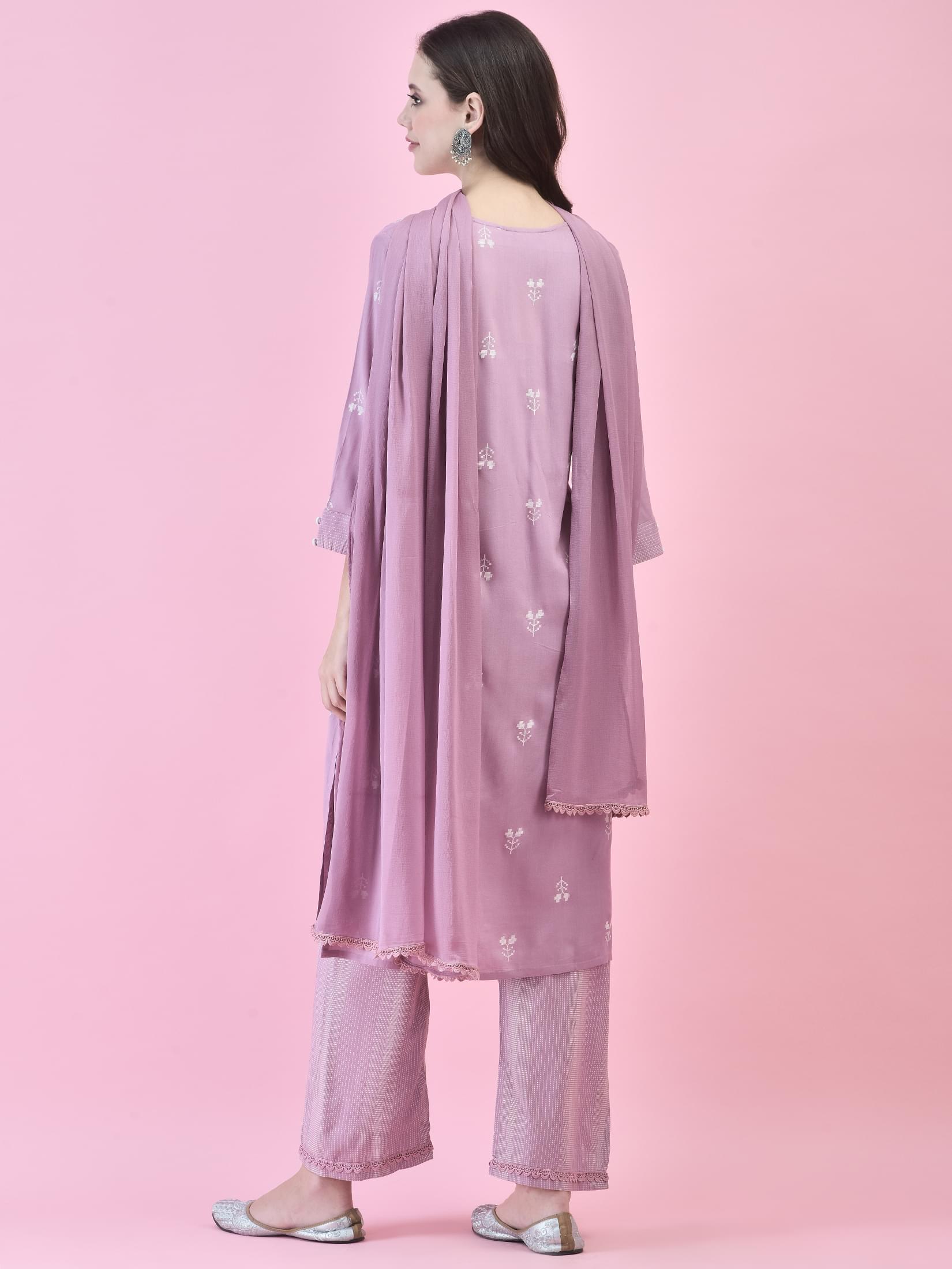 Women Liva (Rayon) Lilac Printed Kurta Comfort Pant Dupatta.