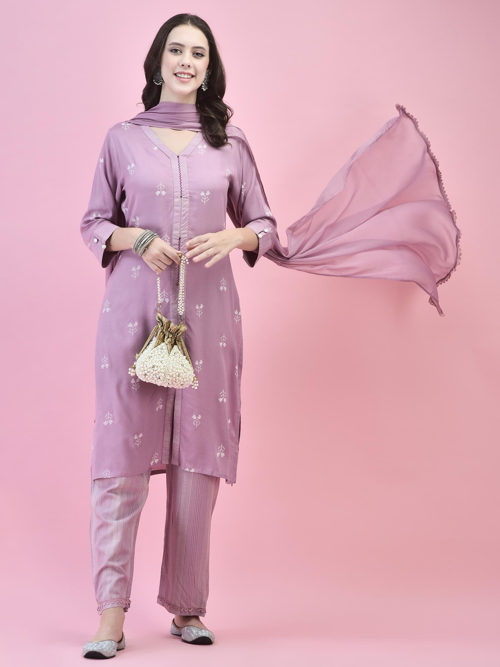 Women Liva (Rayon) Lilac Printed Kurta Comfort Pant Dupatta.