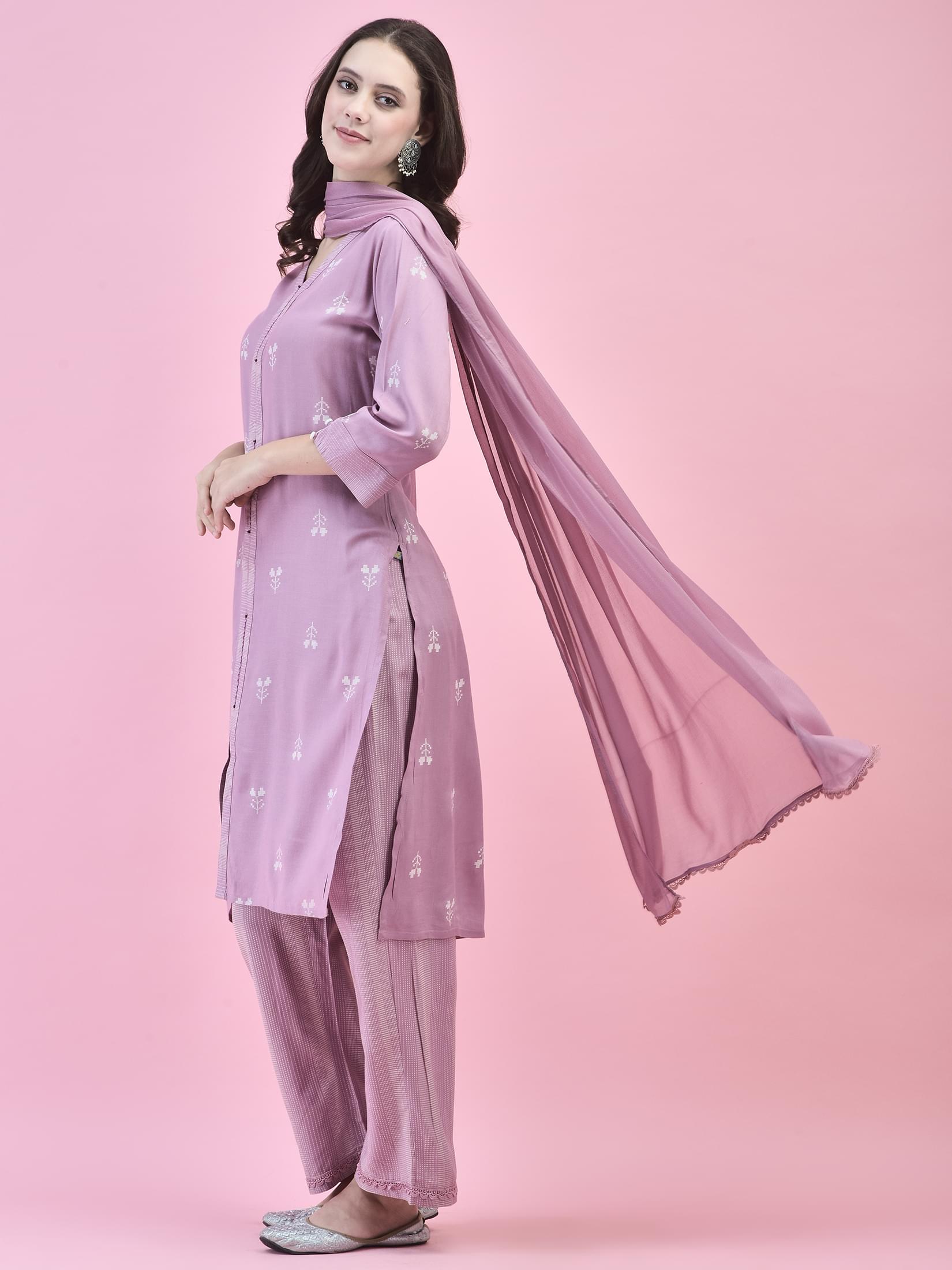 Women Liva (Rayon) Lilac Printed Kurta Comfort Pant Dupatta.