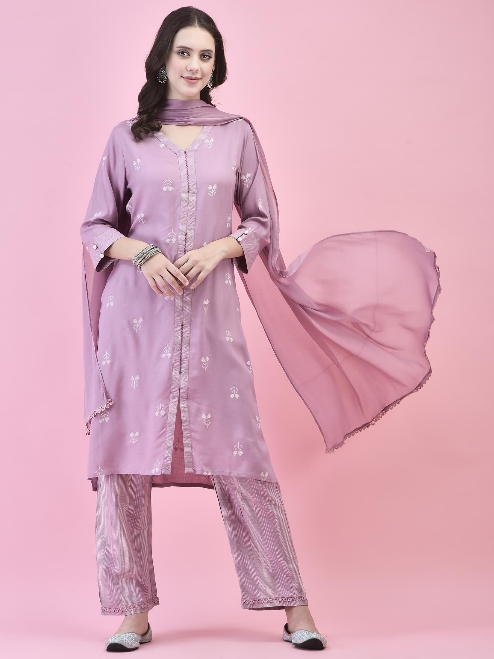 Women Liva (Rayon) Lilac Printed Kurta Comfort Pant Dupatta.