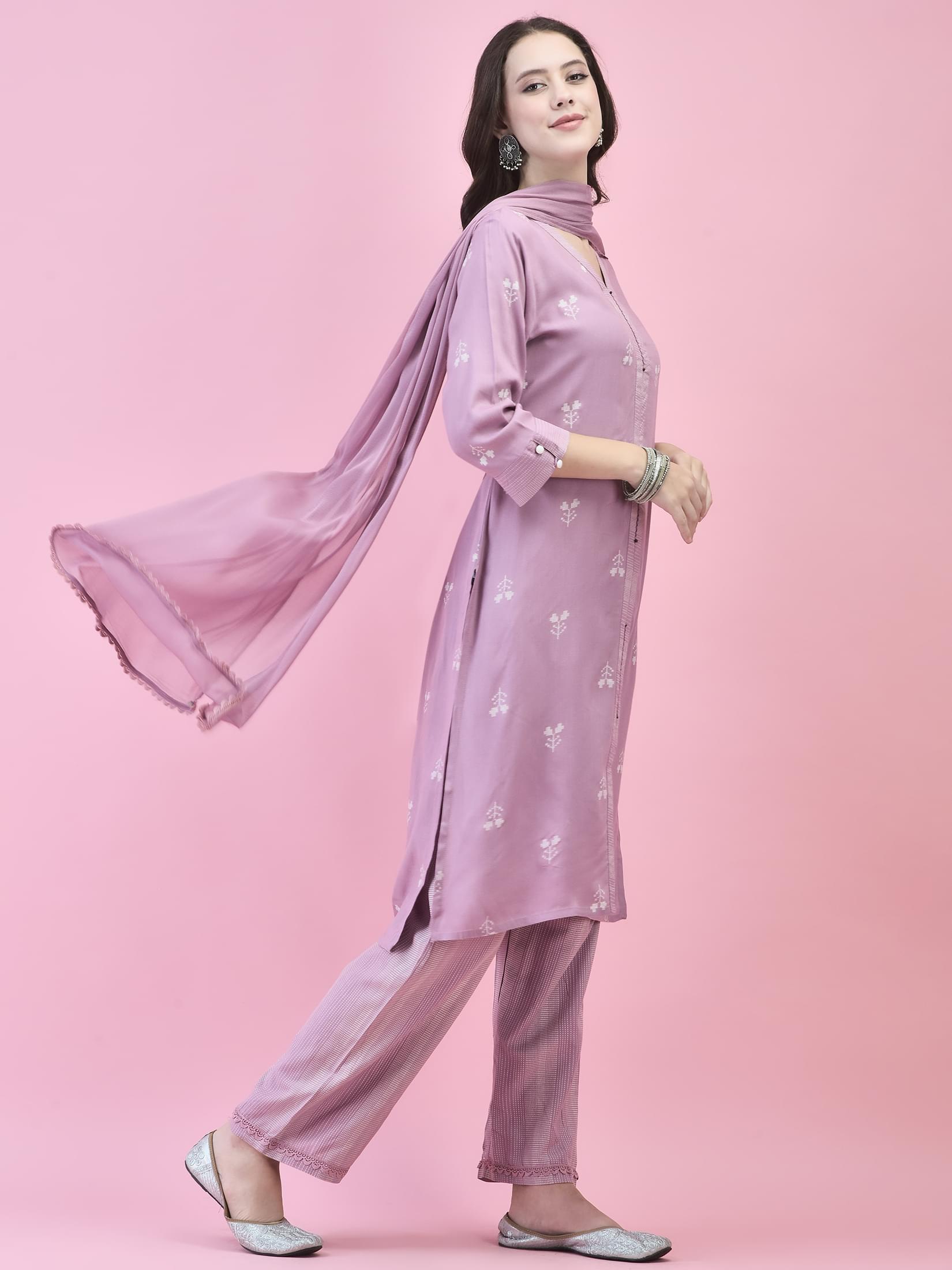 Women Liva (Rayon) Lilac Printed Kurta Comfort Pant Dupatta.