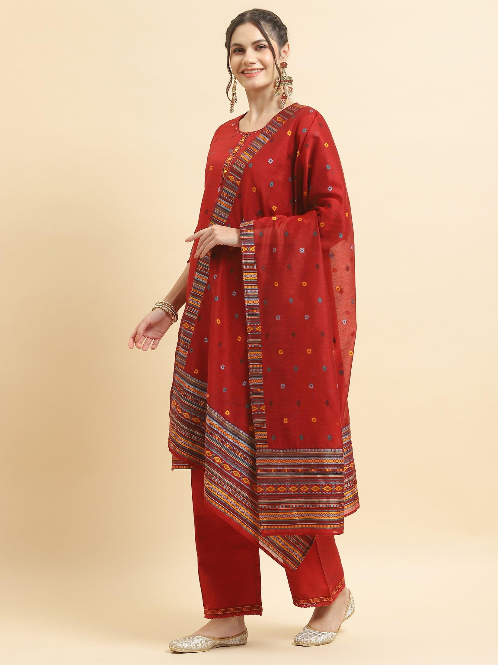 Women Silk Blend Red Jacquard Kurta Comfort Pant Dupatta.