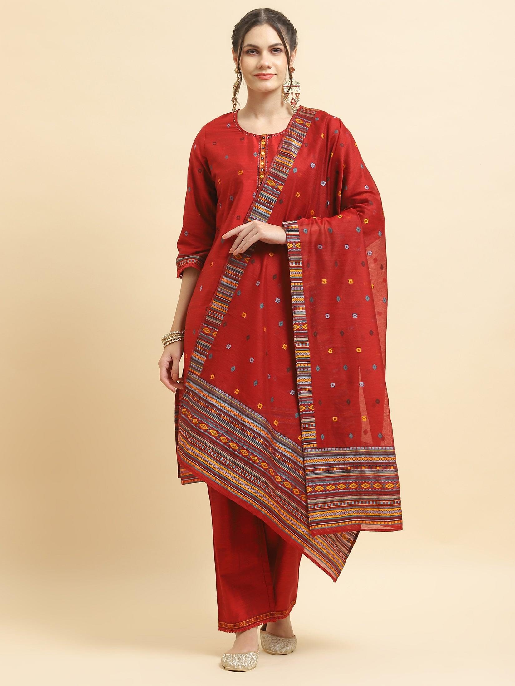 Women Silk Blend Red Jacquard Kurta Comfort Pant Dupatta.