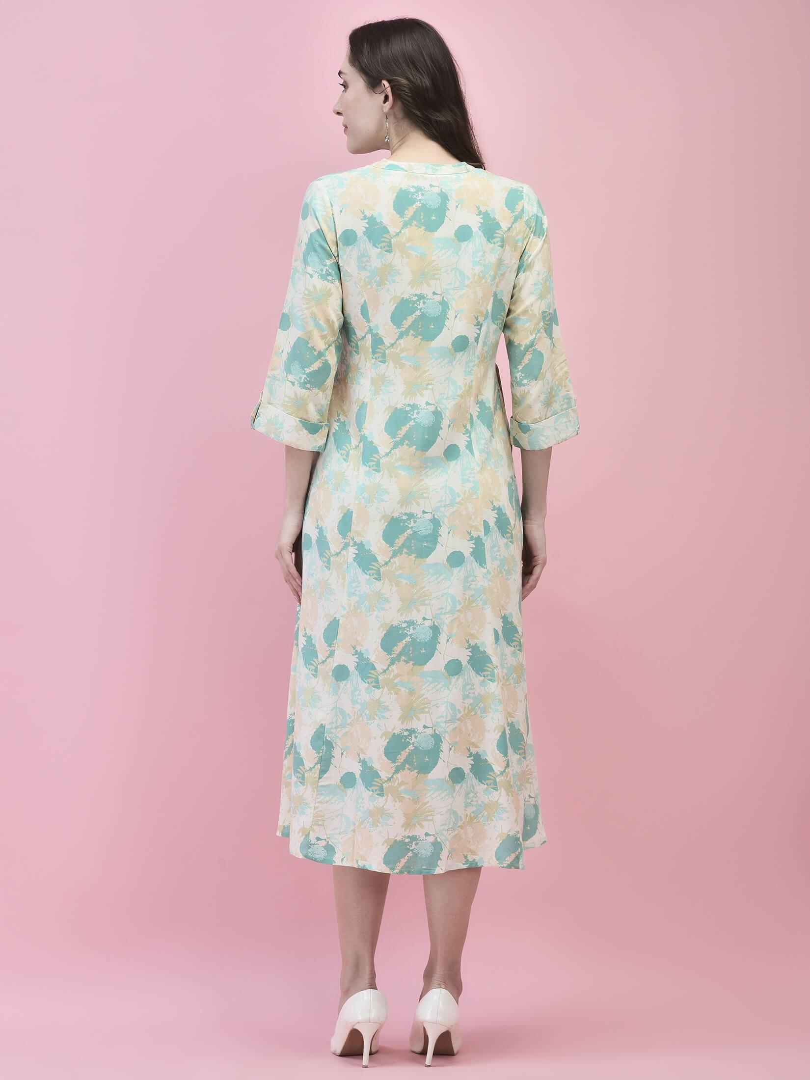 Women Liva Rayon Green Abstract Print Dress.