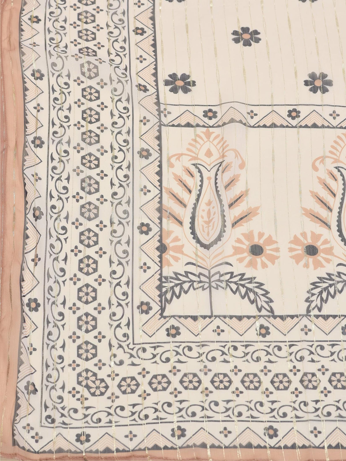 Women Silk Blend Beige Ornamental Print Kurta Comfort Pant Dupatta.