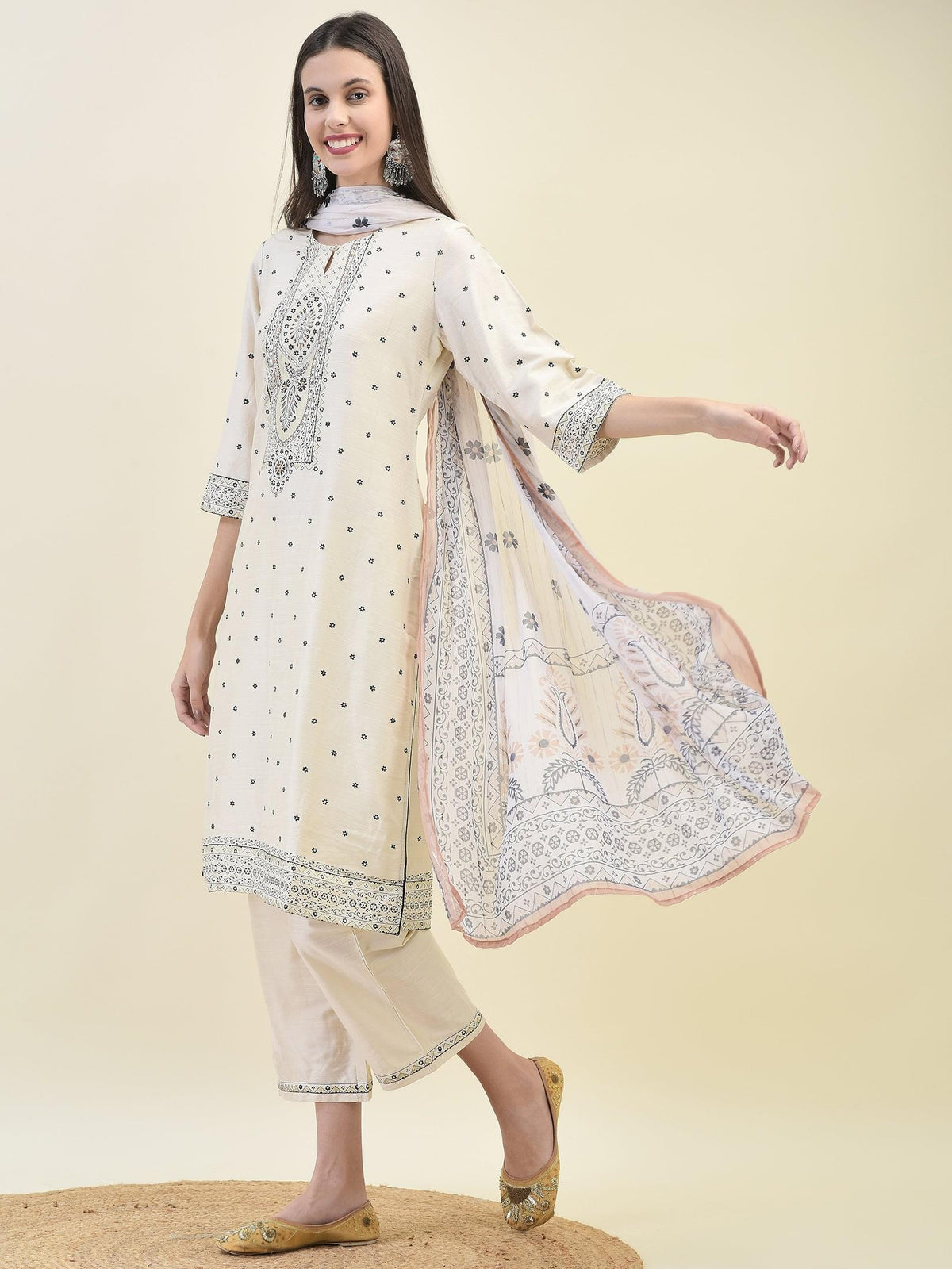 Women Silk Blend Beige Ornamental Print Kurta Comfort Pant Dupatta.