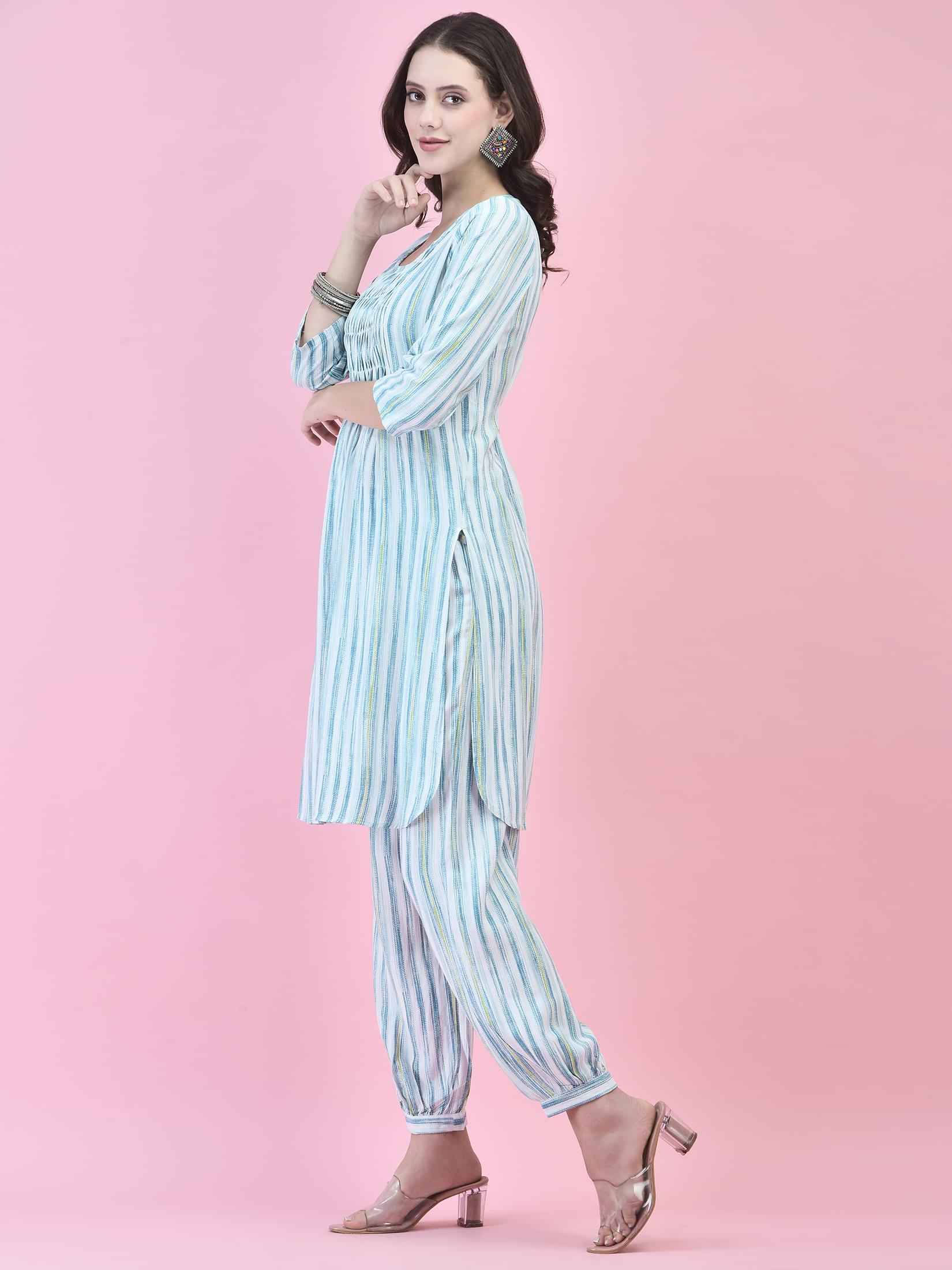 Women Liva (Rayon) Blue Stripe Print Kurta With Harem Pant.