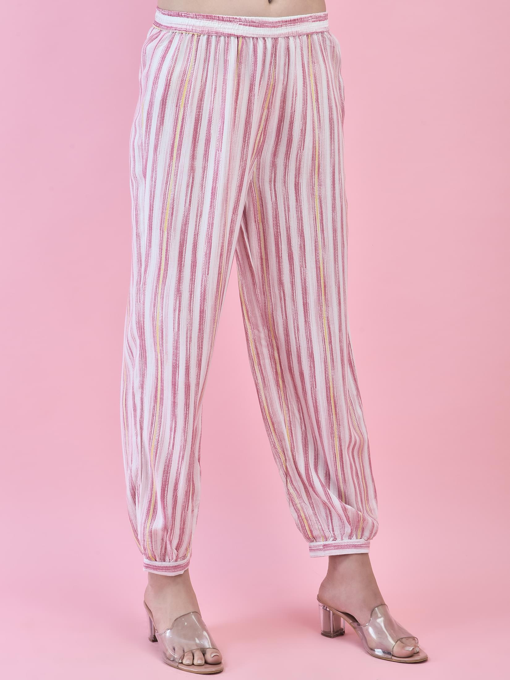Women Liva (Rayon) Red Stripe Print Kurta With Harem Pant.