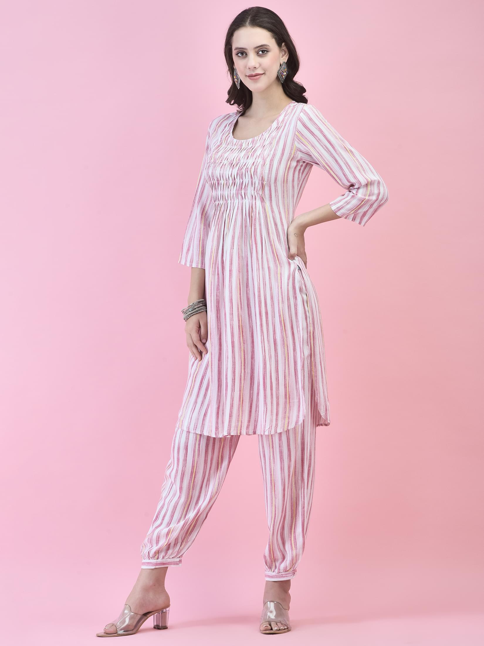 Women Liva (Rayon) Red Stripe Print Kurta With Harem Pant.