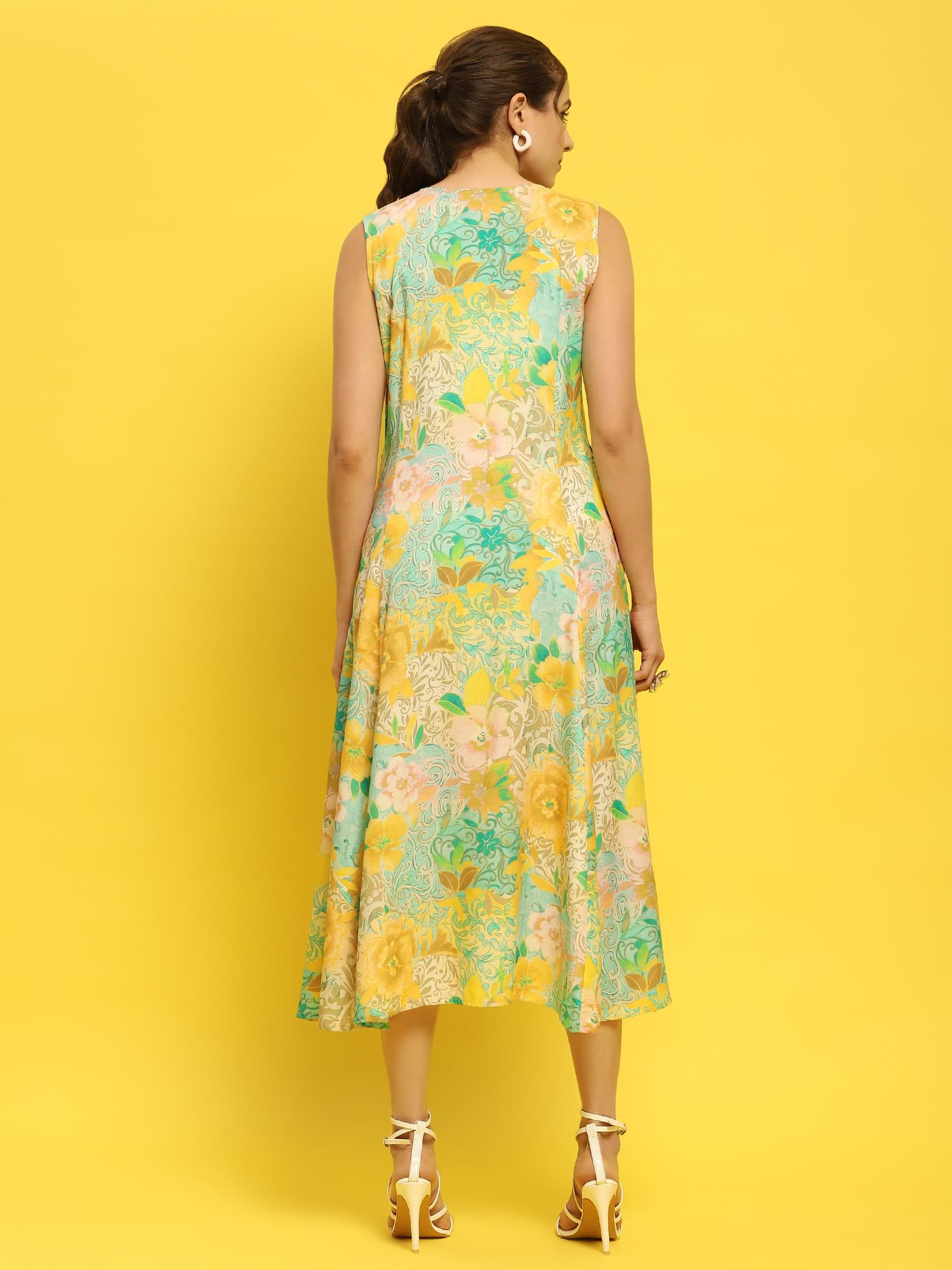 Women Green Multi Liva Rayon Dress.
